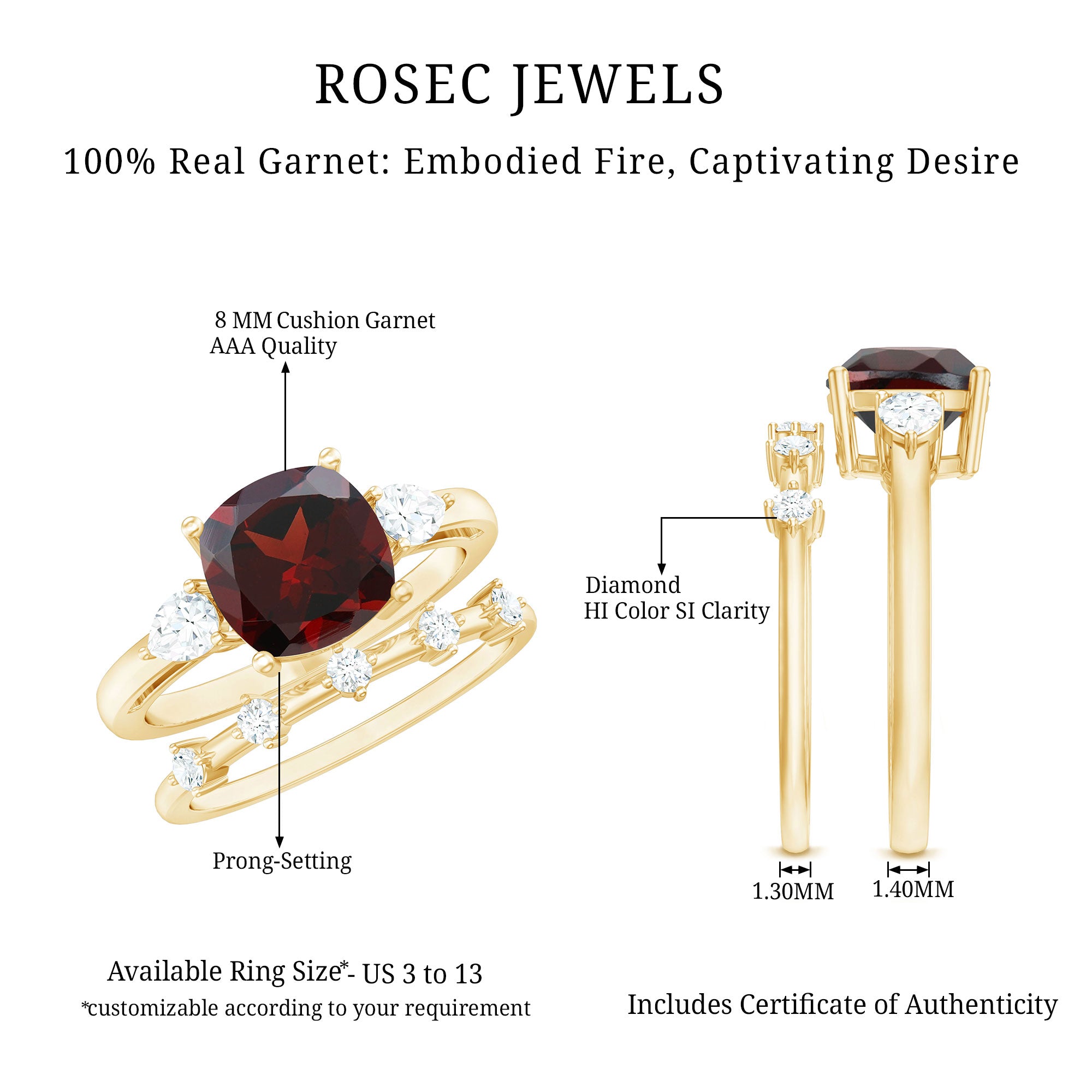 Natural 8 mm Cushion Cut Garnet Diamond Wedding Bridal Ring Set AAA - Rosec Jewels