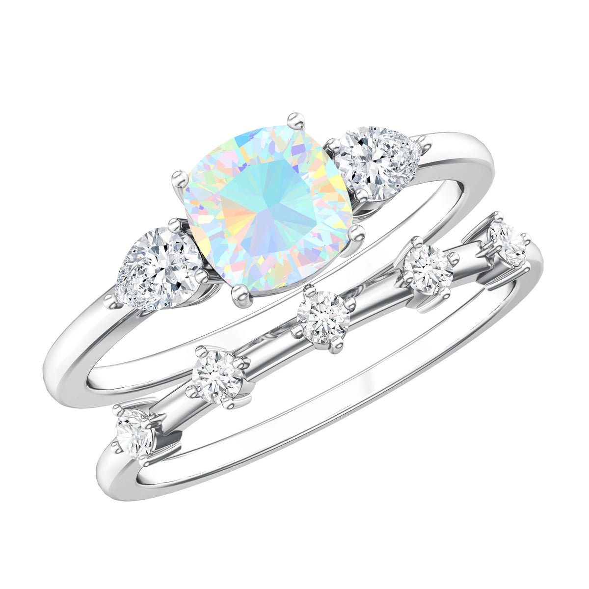 Cushion Cut Real Ethiopian Opal Wedding Ring Set with Diamond