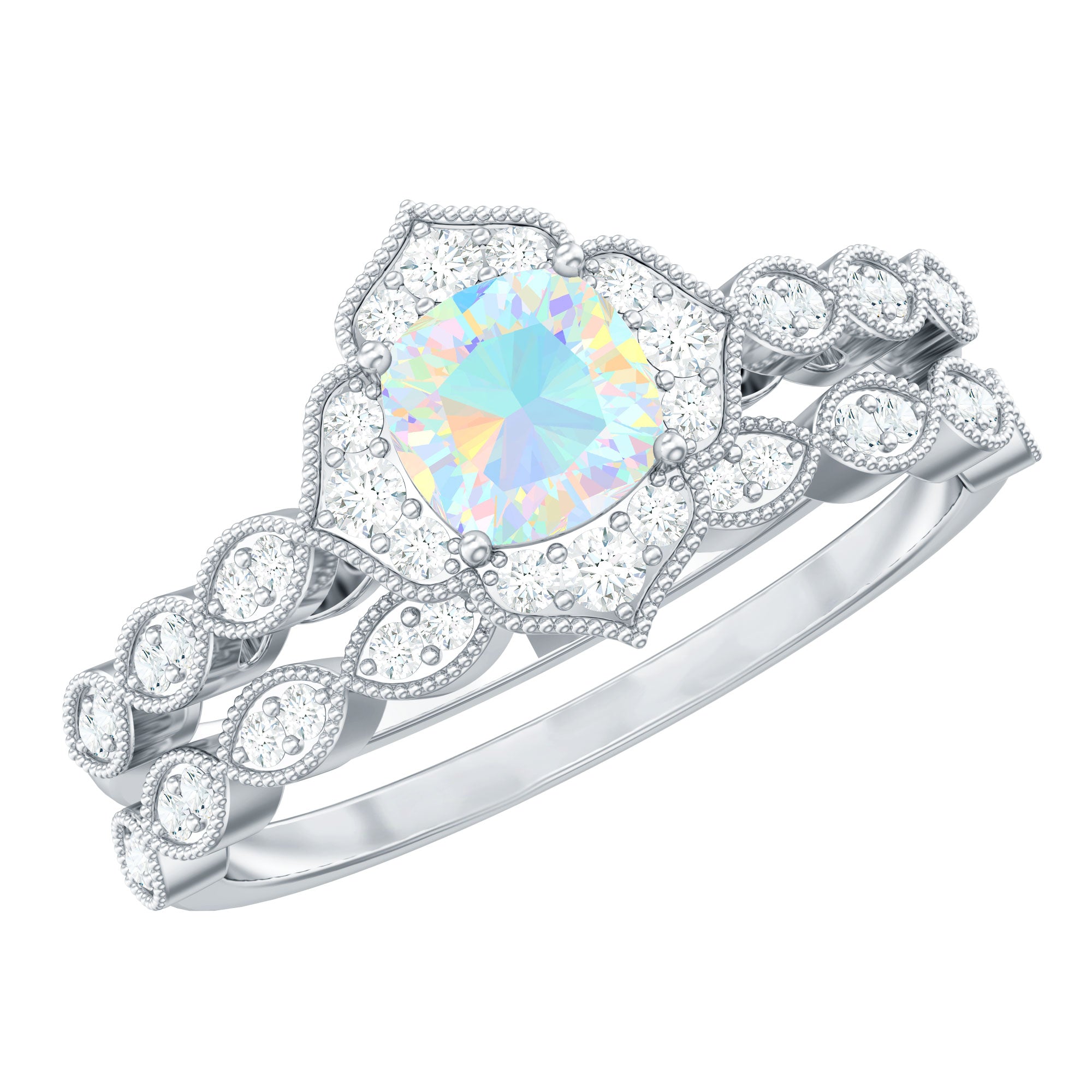 Vintage Inspired Ethiopian Opal Flower Engagement Ring with Wedding Band