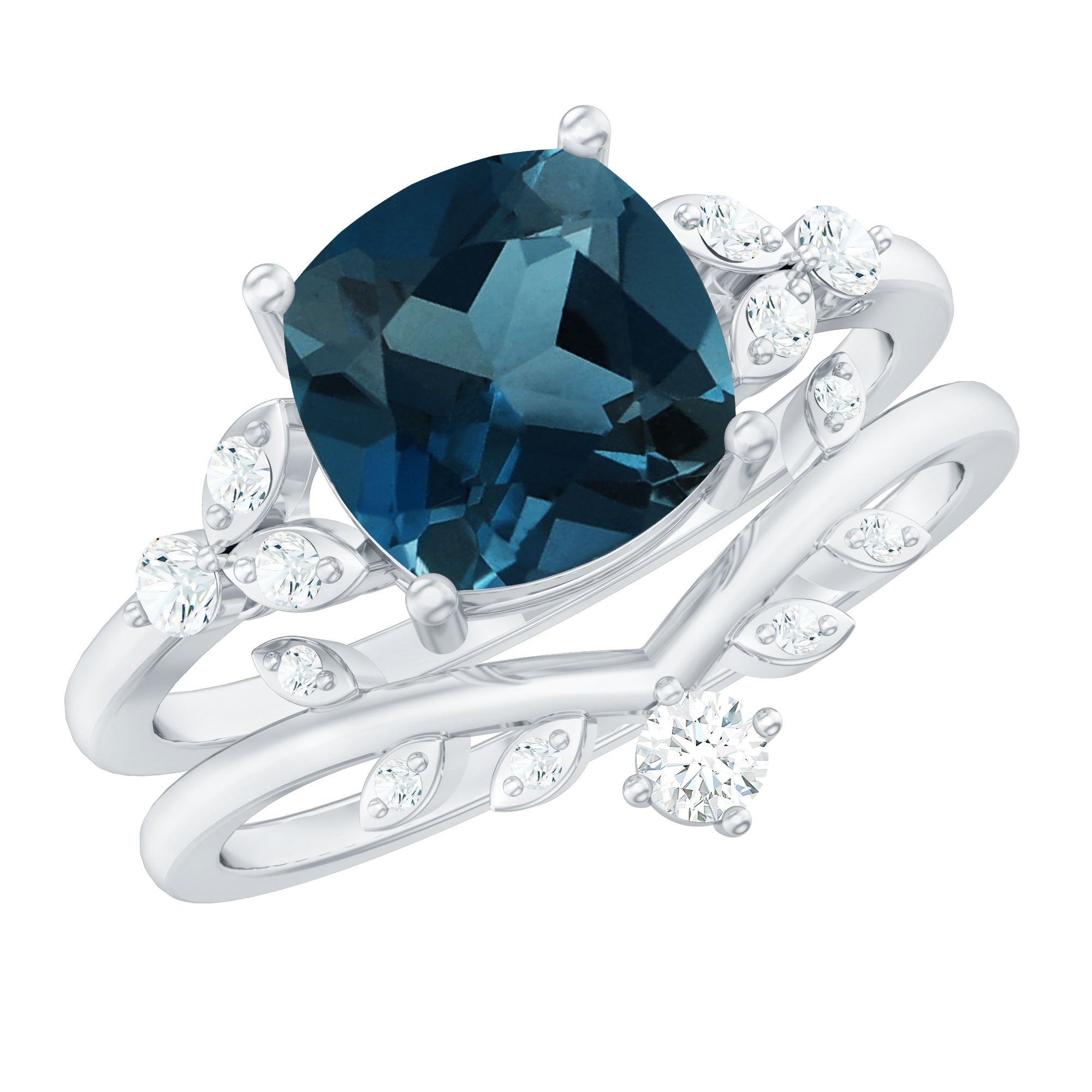 Vintage London Blue Topaz and Diamond Engagement Ring Set AAA - Rosec Jewels