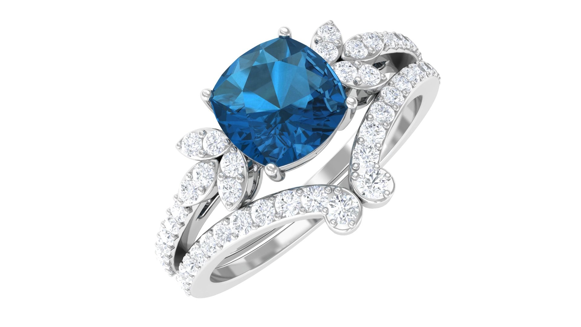 Cushion Cut London Blue Topaz Designer Wedding Ring Set with Diamond Band AAA - Rosec Jewels