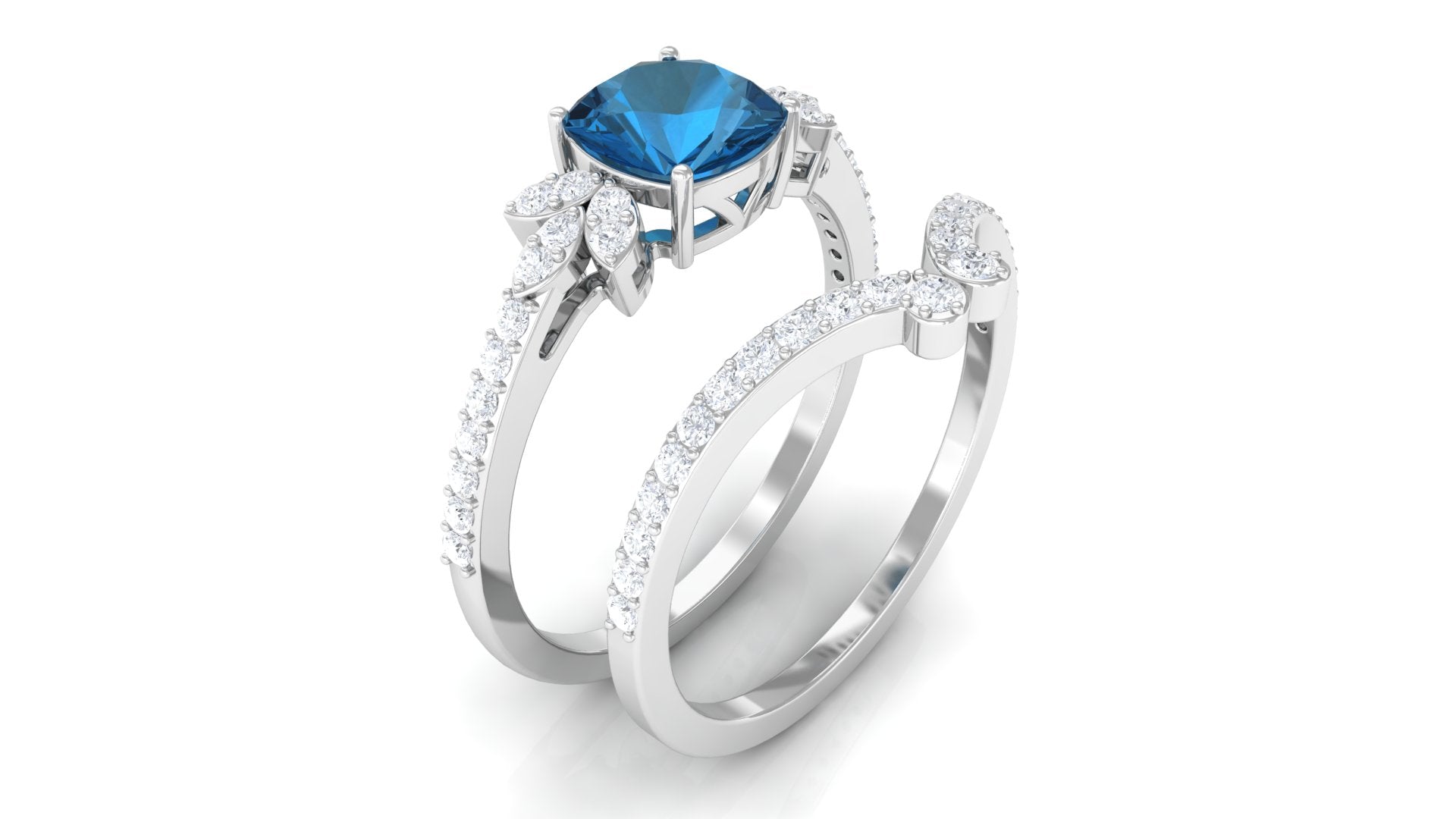 Cushion Cut London Blue Topaz Designer Wedding Ring Set with Diamond Band AAA - Rosec Jewels