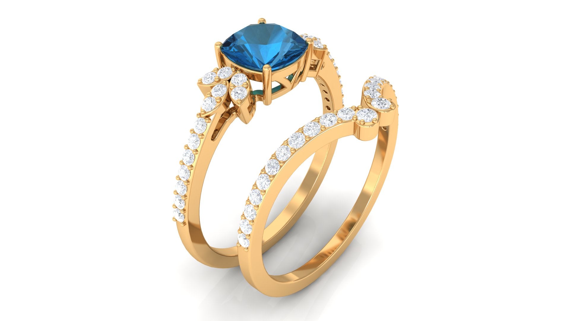 Cushion Cut London Blue Topaz Designer Wedding Ring Set with Diamond Band AAA - Rosec Jewels