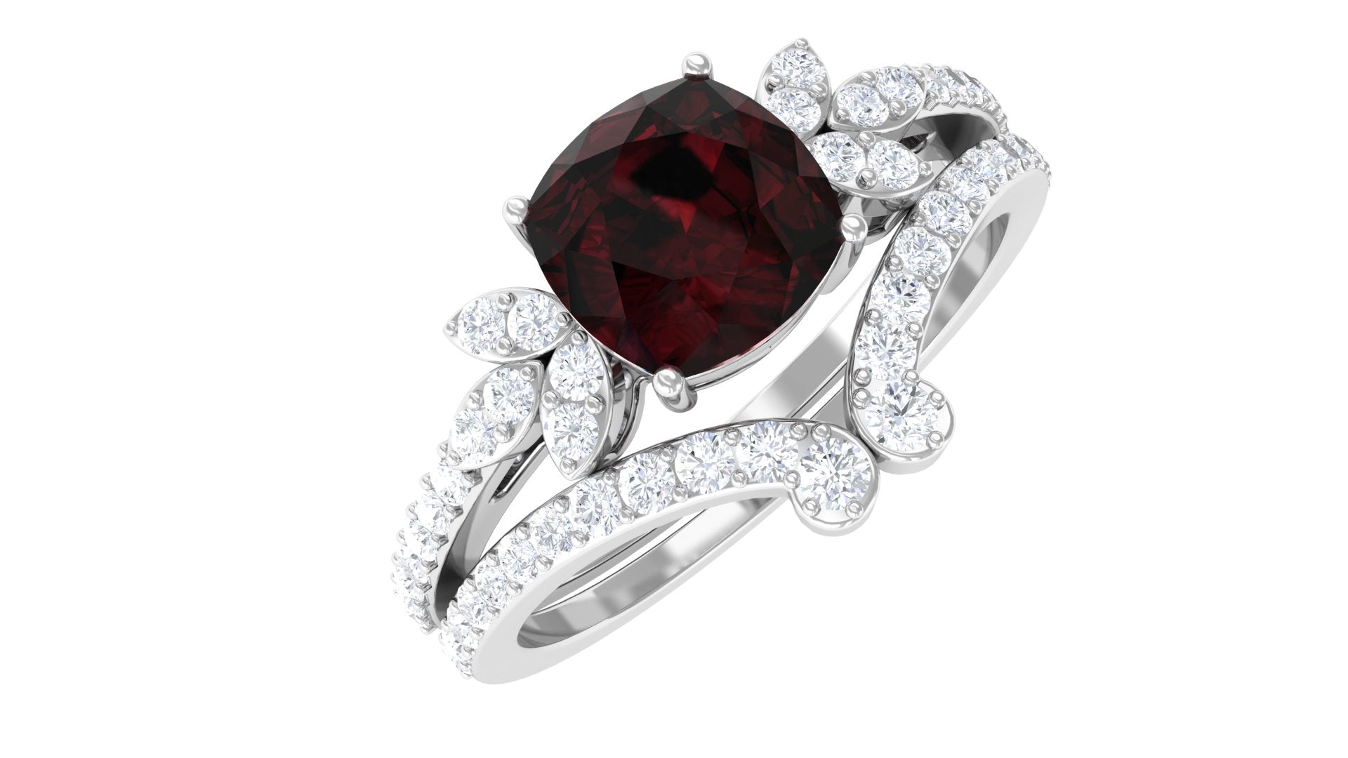 Cushion Cut Garnet and Diamond Designer Wedding Ring Set For Her AAA - Rosec Jewels