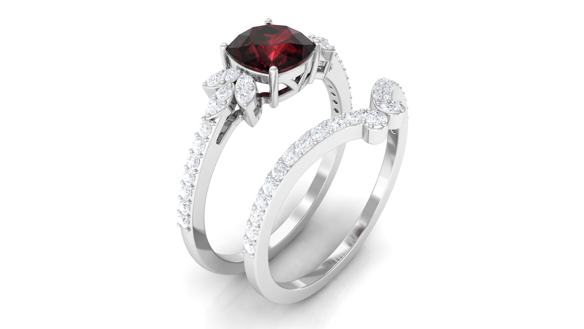 Cushion Cut Garnet and Diamond Designer Wedding Ring Set For Her AAA - Rosec Jewels
