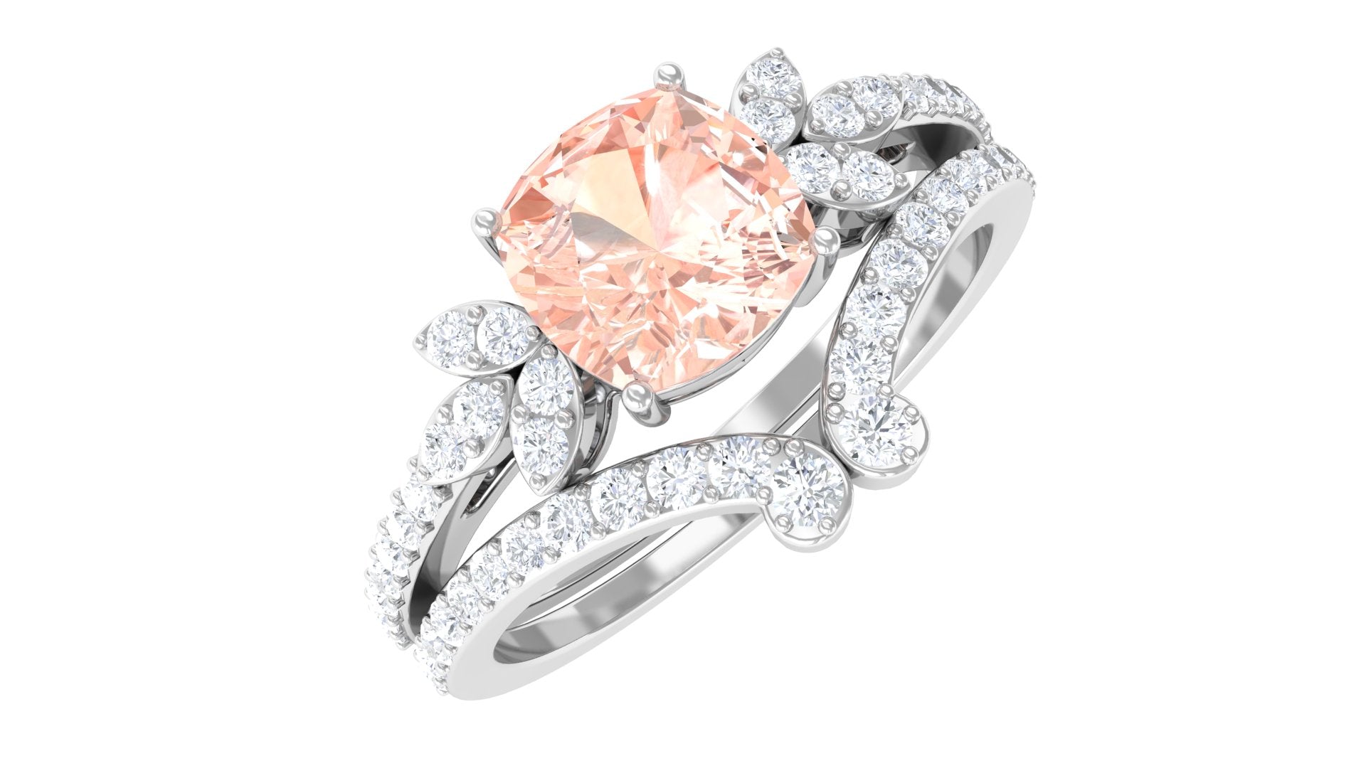Cushion Cut Morganite and Diamond Bridal Ring Set