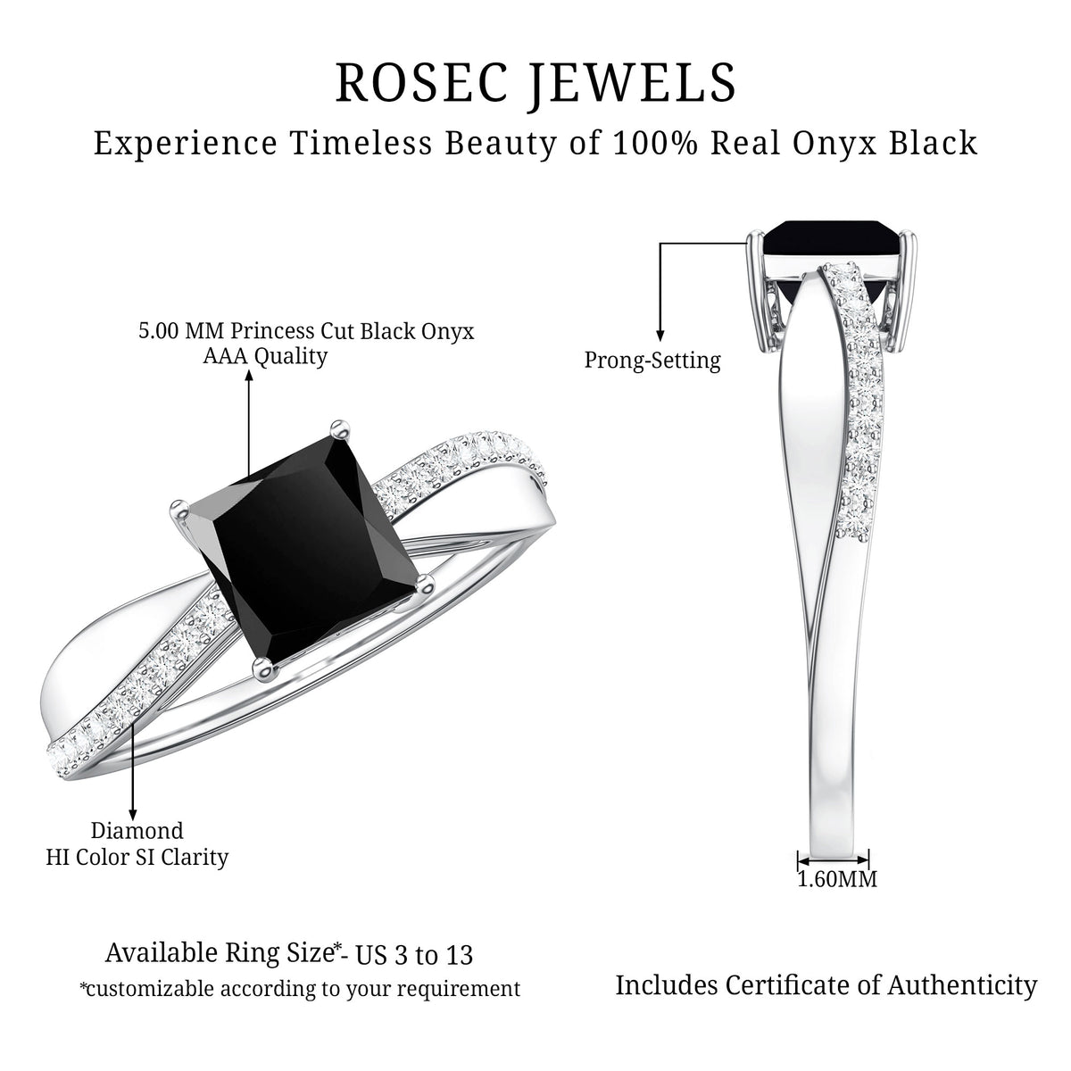 0.5 Carat Princess Cut Black Onyx Solitaire Engagement Ring with Diamond AAA - Rosec Jewels