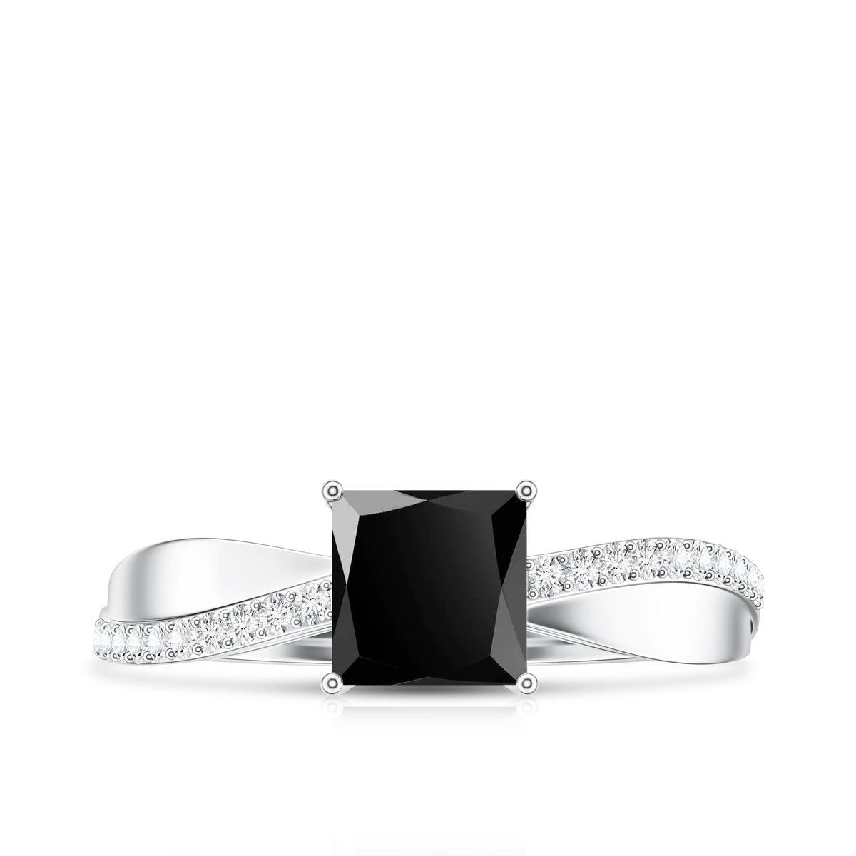 0.5 Carat Princess Cut Black Onyx Solitaire Engagement Ring with Diamond AAA - Rosec Jewels