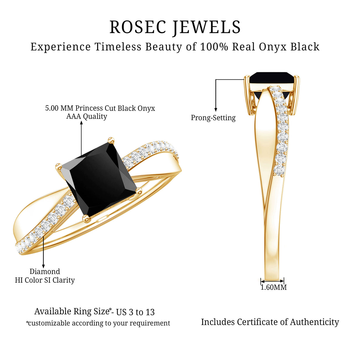 0.5 Carat Princess Cut Black Onyx Solitaire Engagement Ring with Diamond AAA - Rosec Jewels
