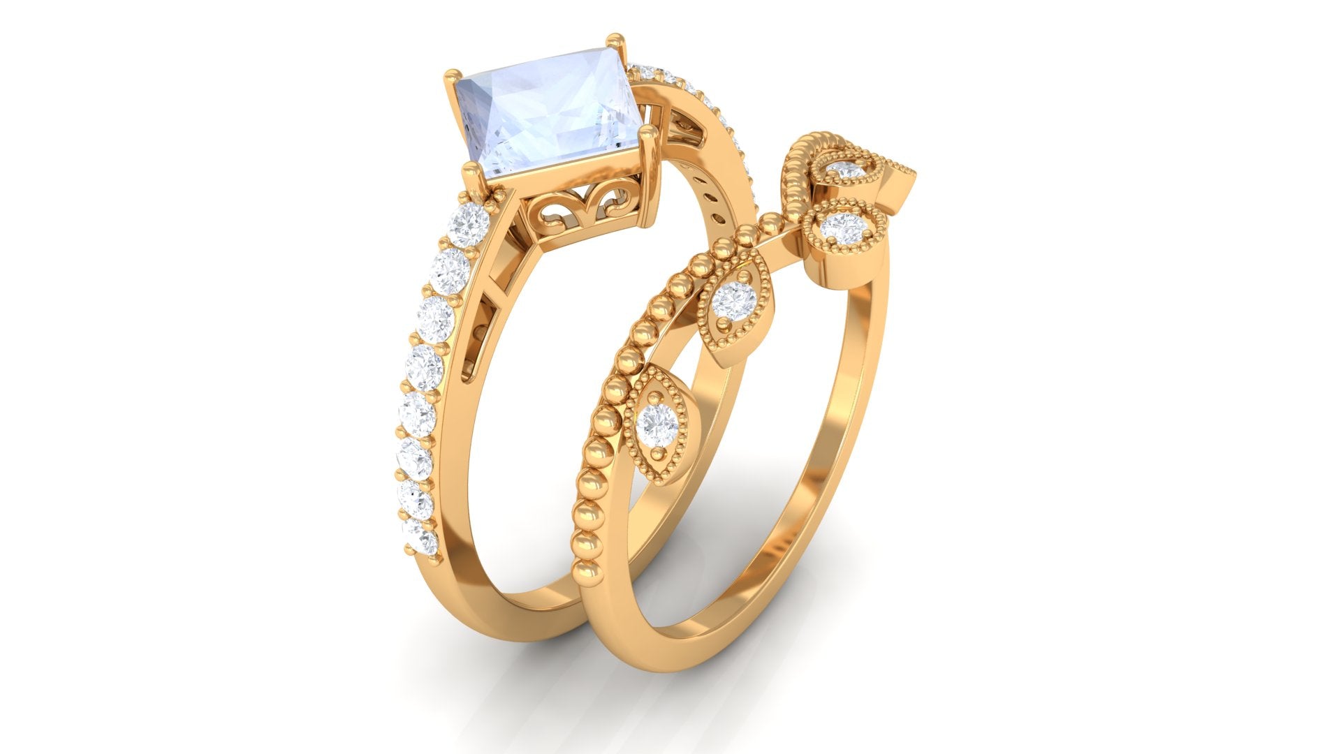 Rosec Jewels-Princess Cut Moonstone Vintage Ring Set with Diamond