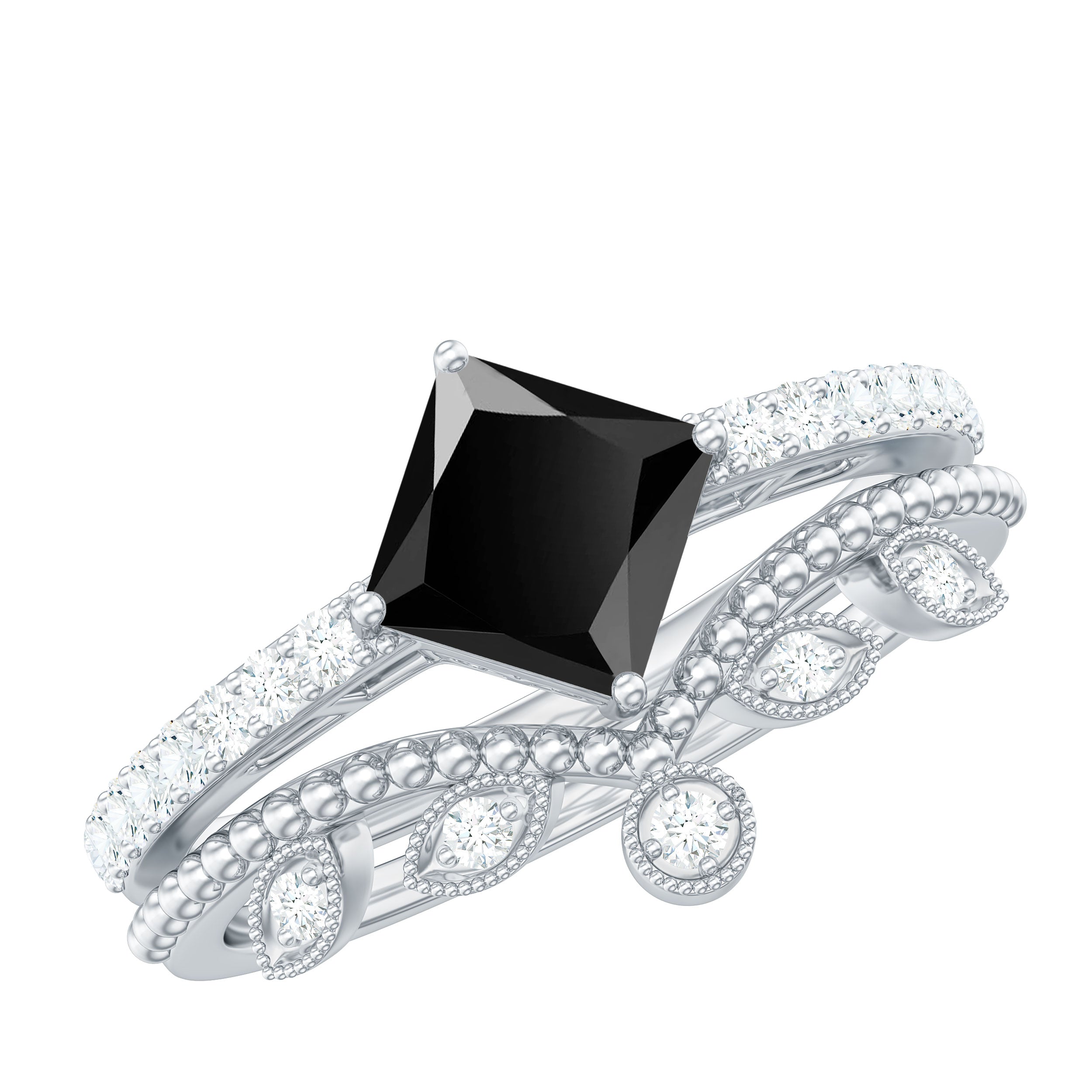 5mm Princess Cut Black Onyx Engagement Ring with Diamond Wedding Band