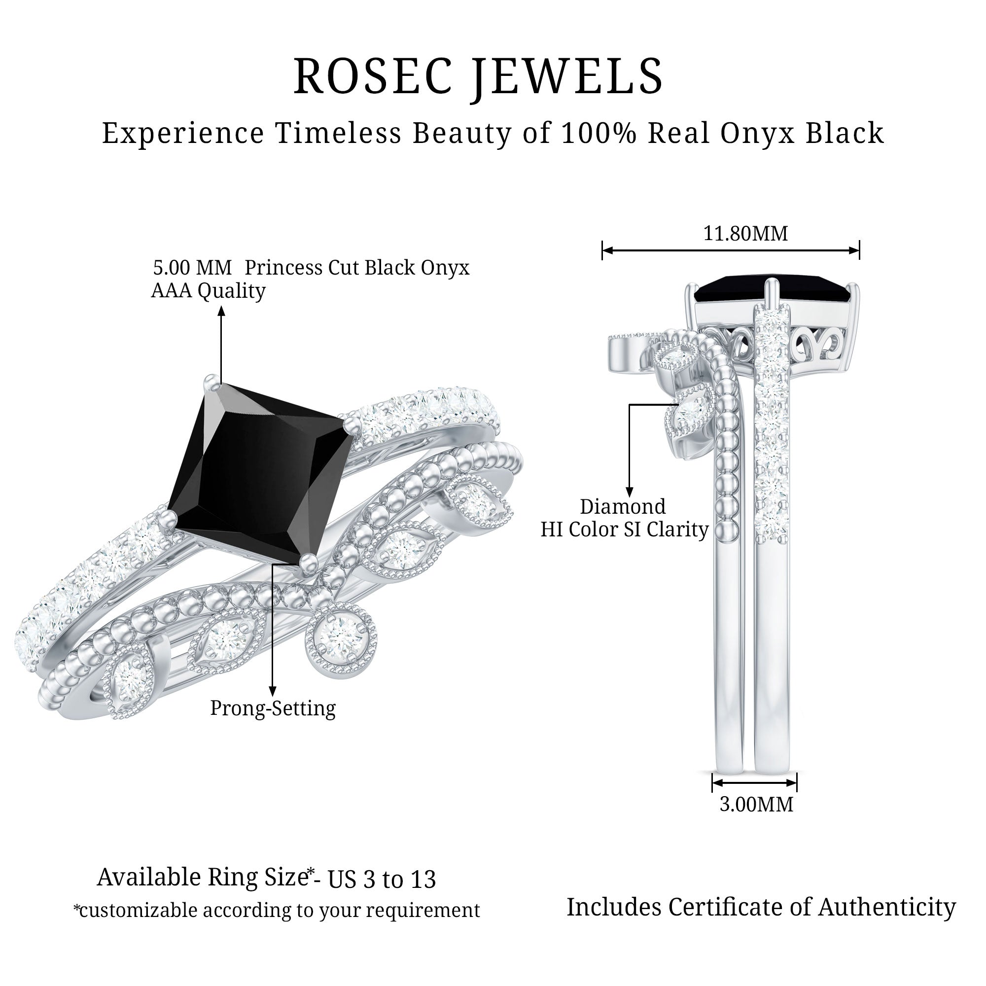 5mm Princess Cut Black Onyx Engagement Ring with Diamond Wedding Band AAA - Rosec Jewels