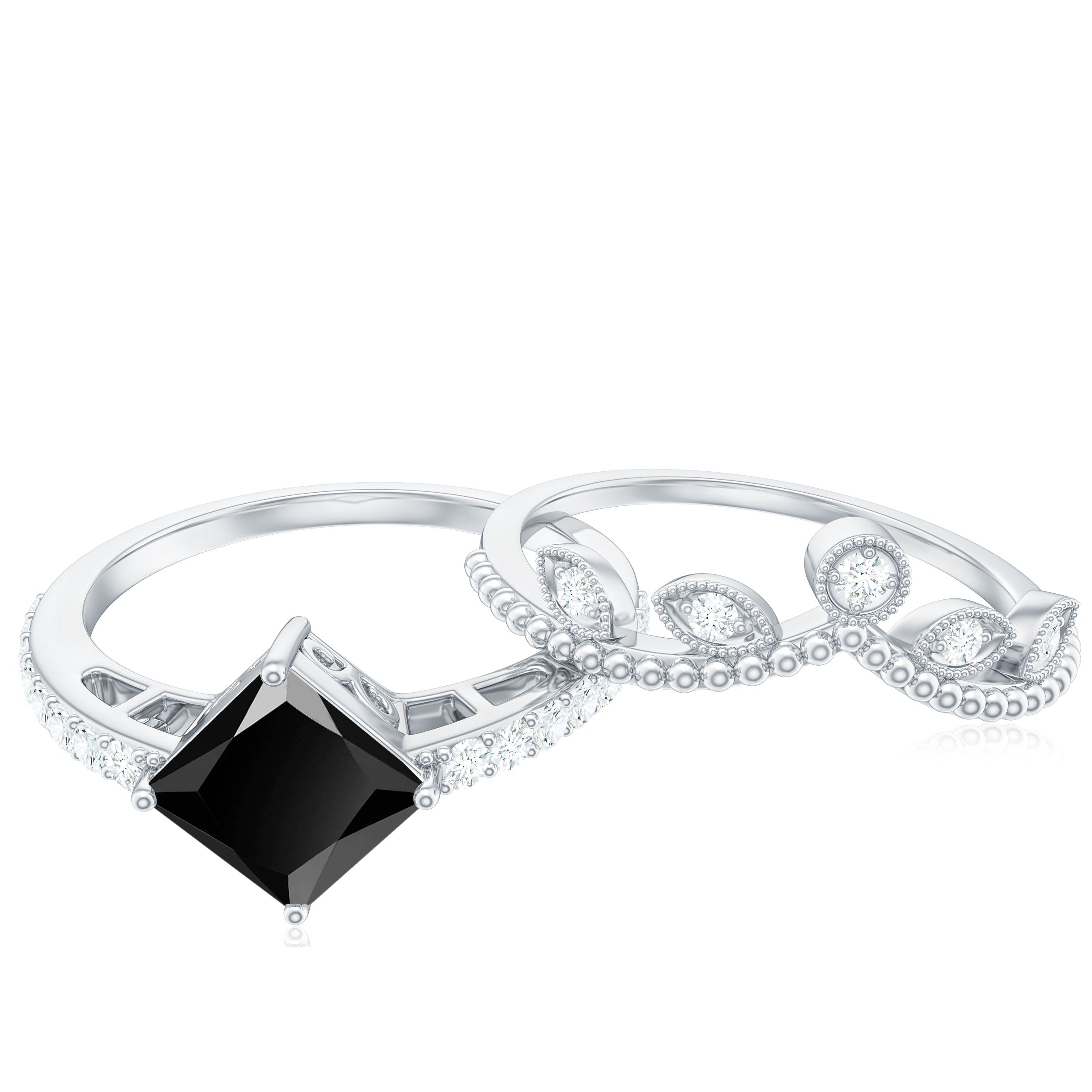 5mm Princess Cut Black Onyx Engagement Ring with Diamond Wedding Band AAA - Rosec Jewels