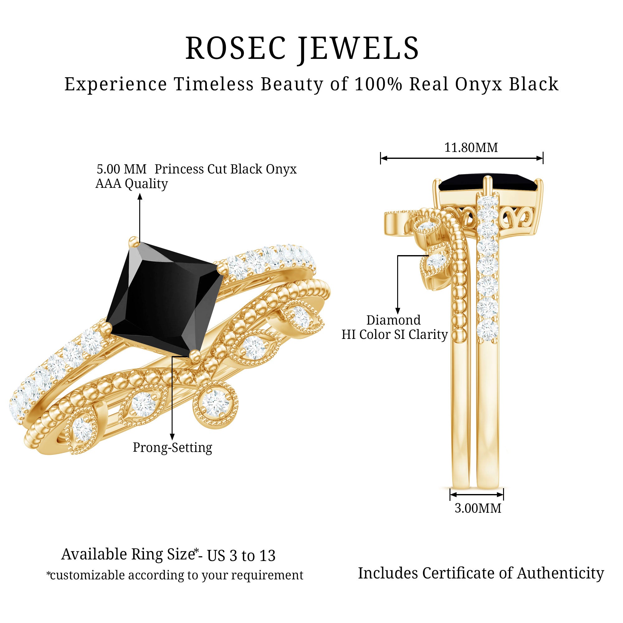 5mm Princess Cut Black Onyx Engagement Ring with Diamond Wedding Band AAA - Rosec Jewels