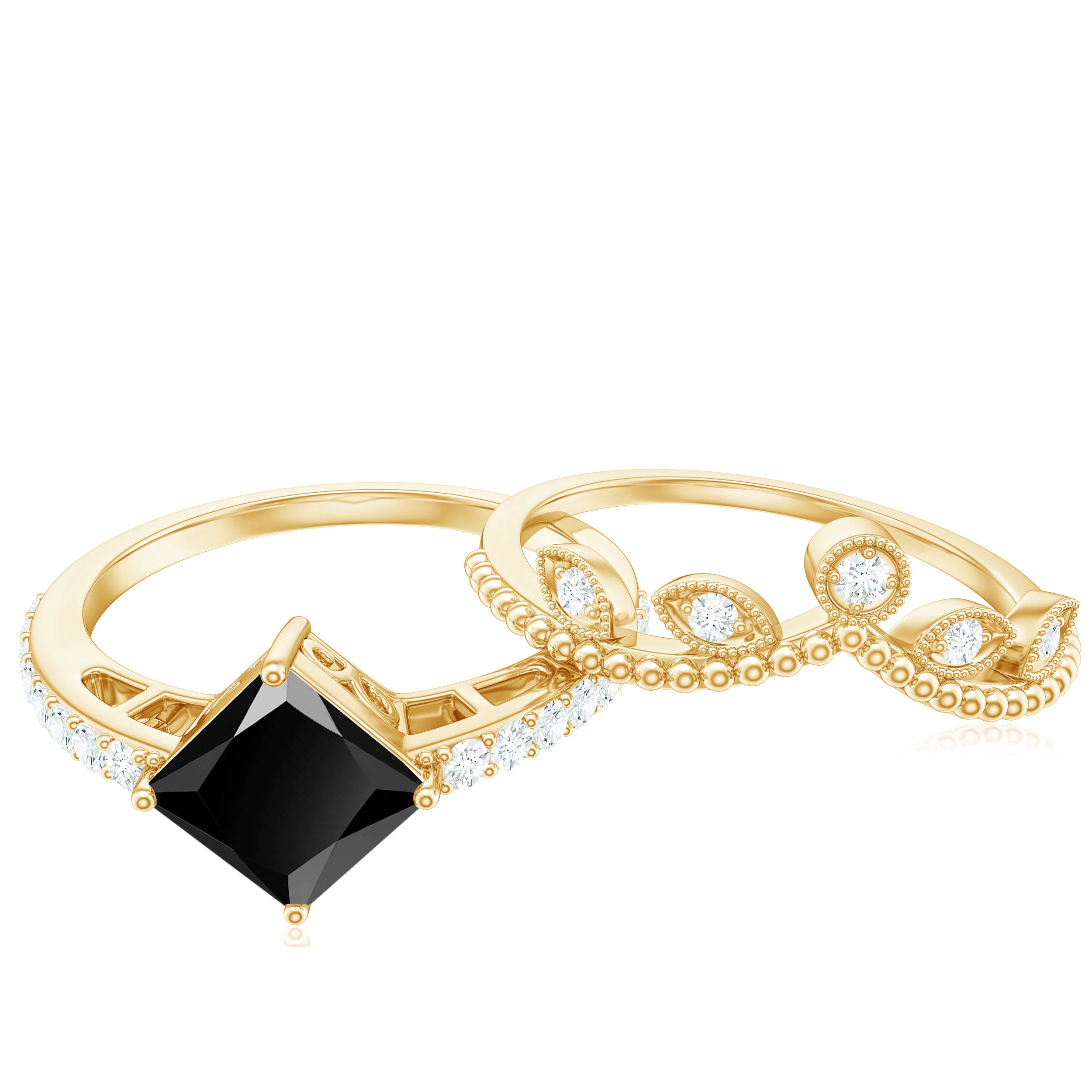 5mm Princess Cut Black Onyx Engagement Ring with Diamond Wedding Band AAA - Rosec Jewels