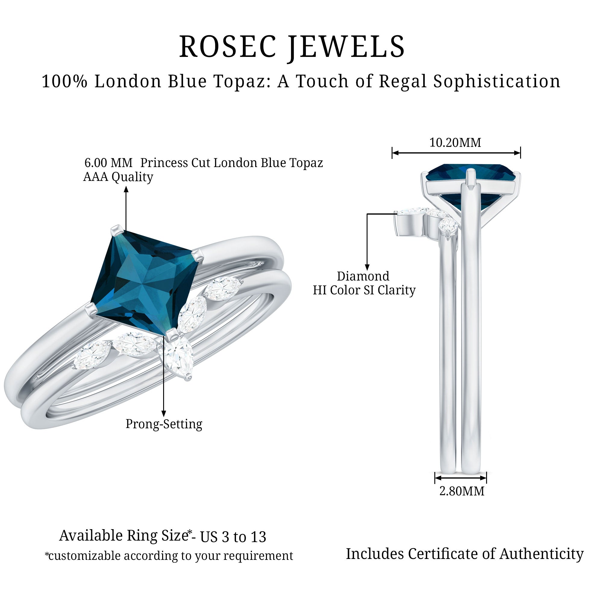 Rosec Jewels-Princess Cut London Blue Topaz Designer Wedding Ring Set for Women