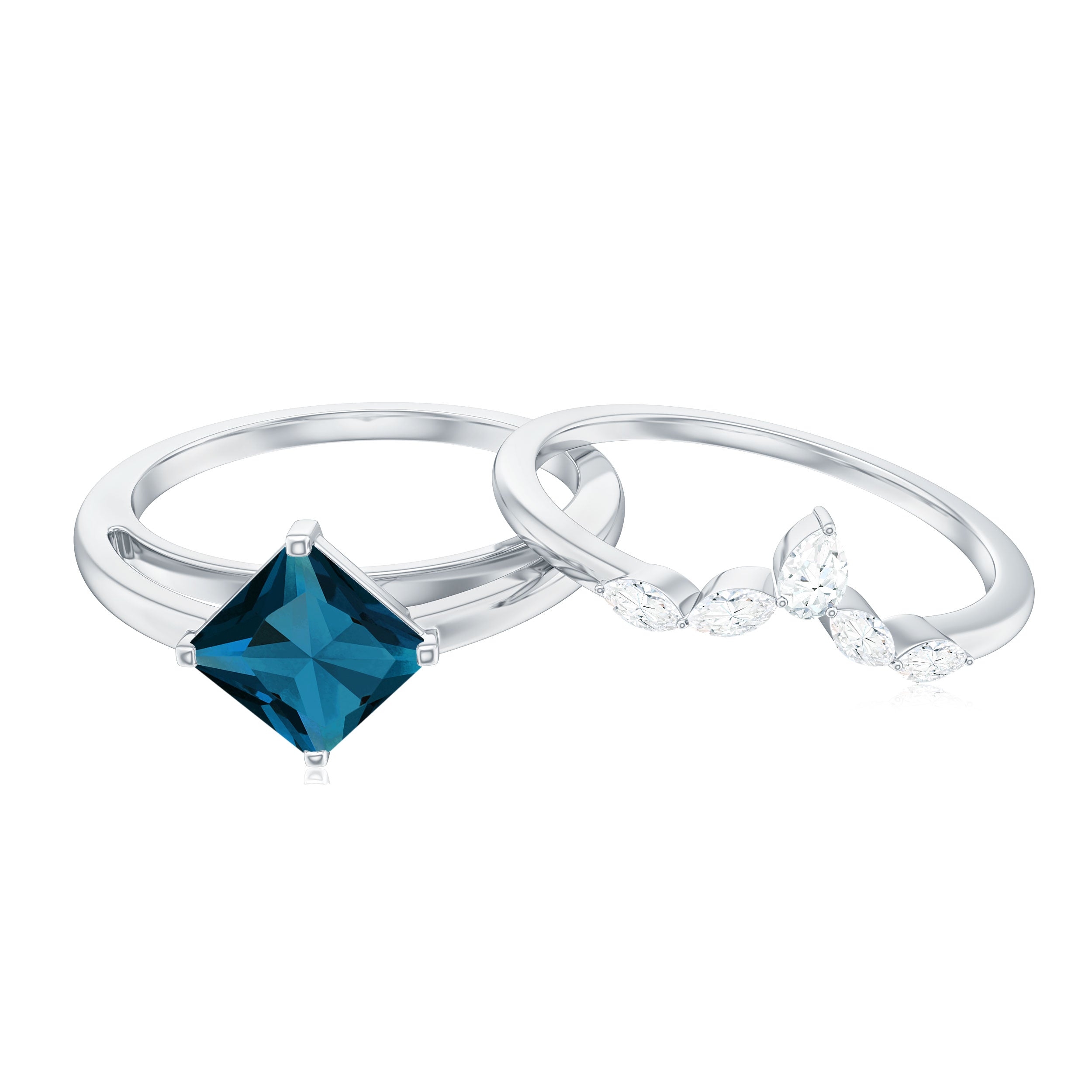 Rosec Jewels-Princess Cut London Blue Topaz Designer Wedding Ring Set for Women