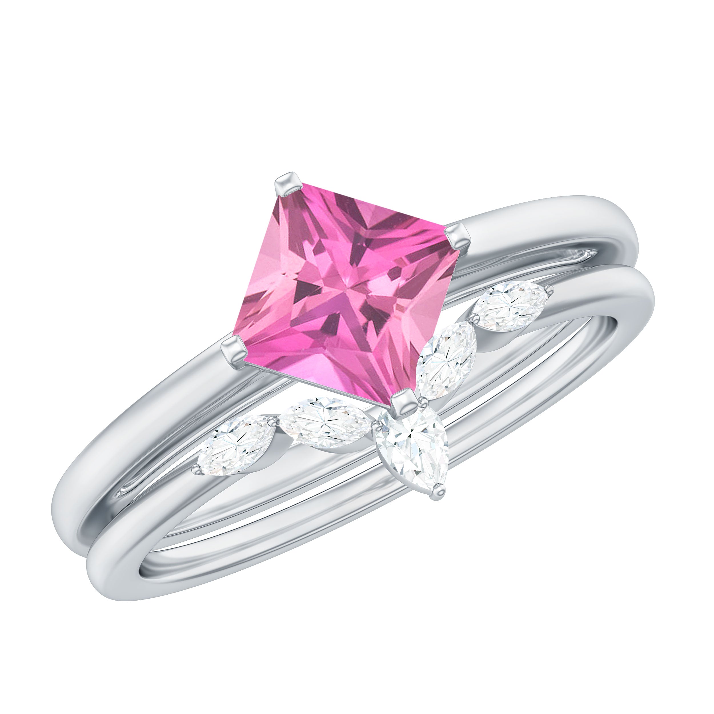 Princess Cut Pink Tourmaline Solitaire Ring Set with Diamond AAA - Rosec Jewels