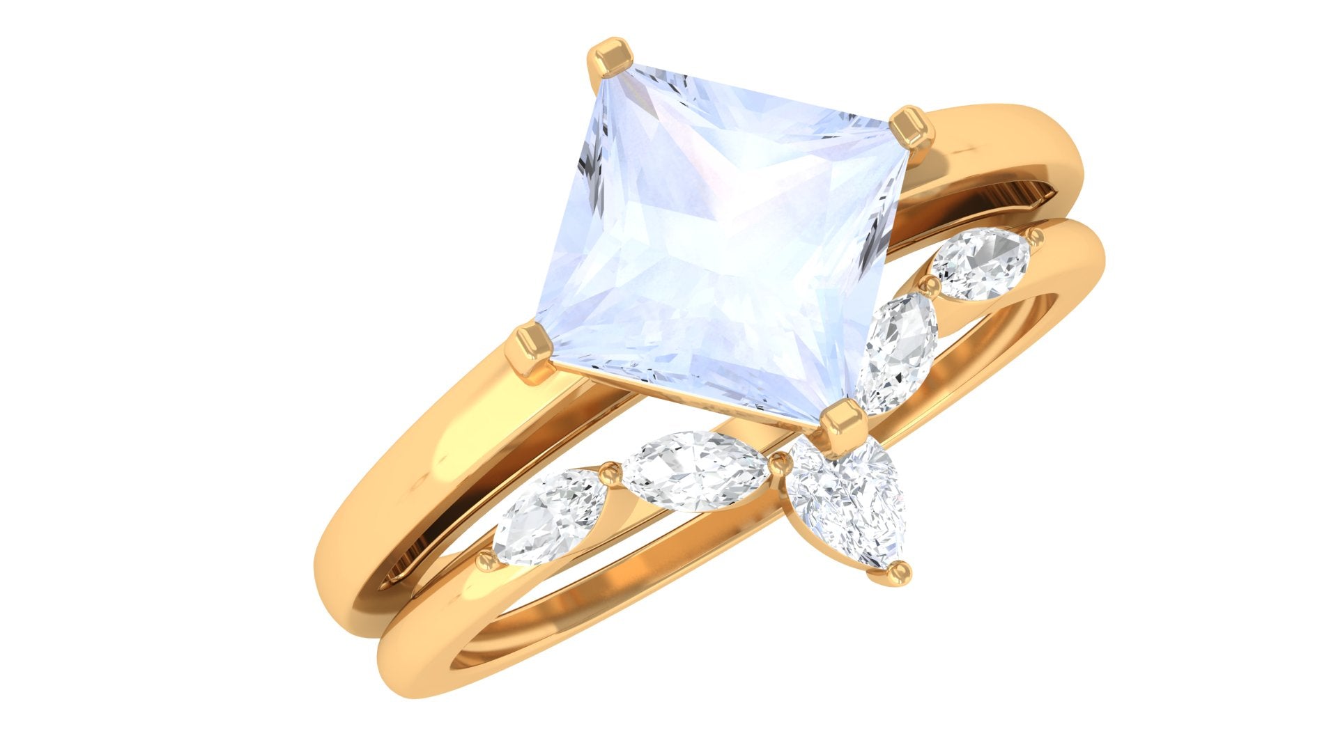 Rosec Jewels-Princess Cut Moonstone and Diamond Solitaire Ring Set