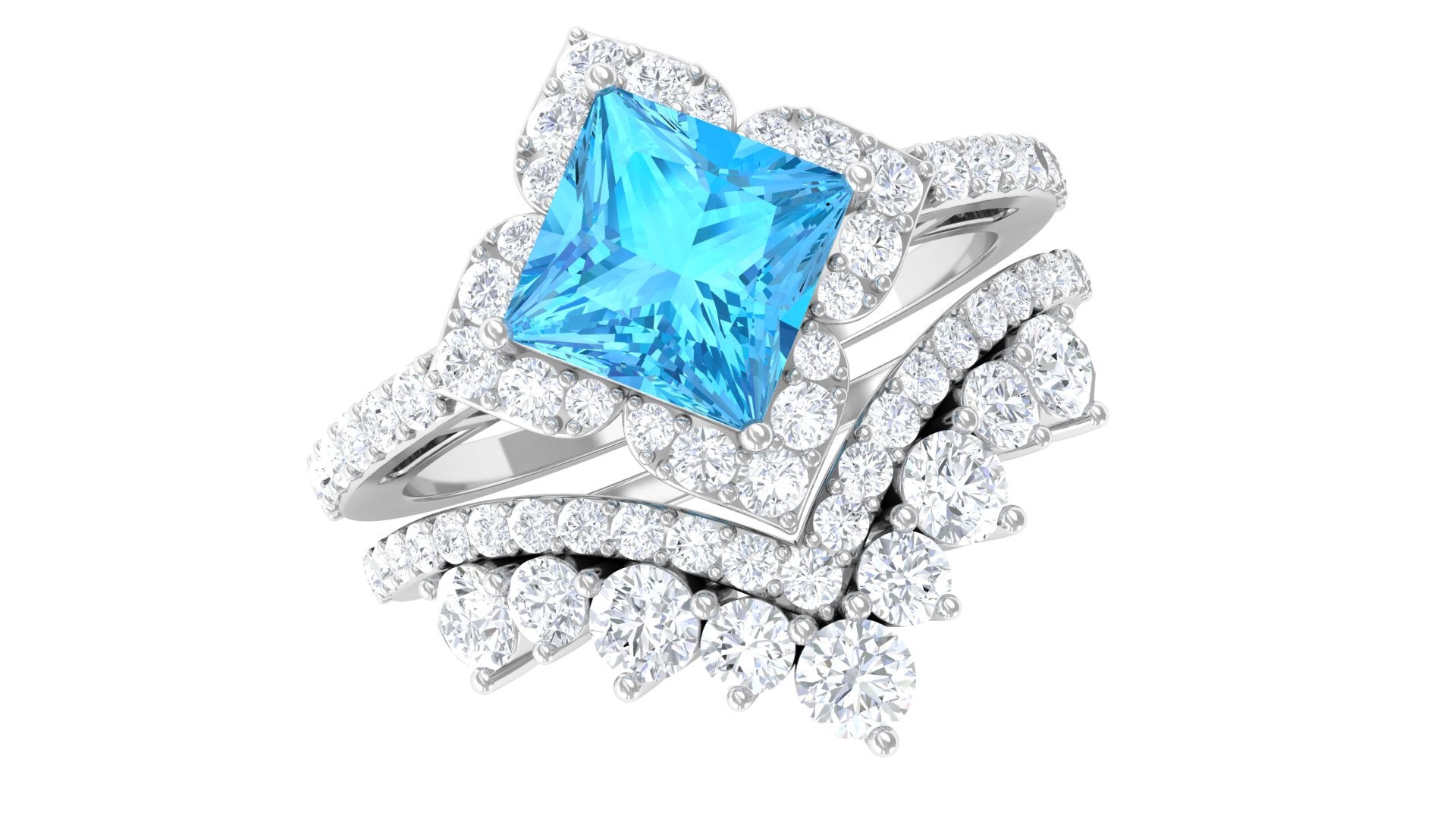 2.75 CT Swiss Blue Topaz and Moissanite Statement Wedding Ring Set