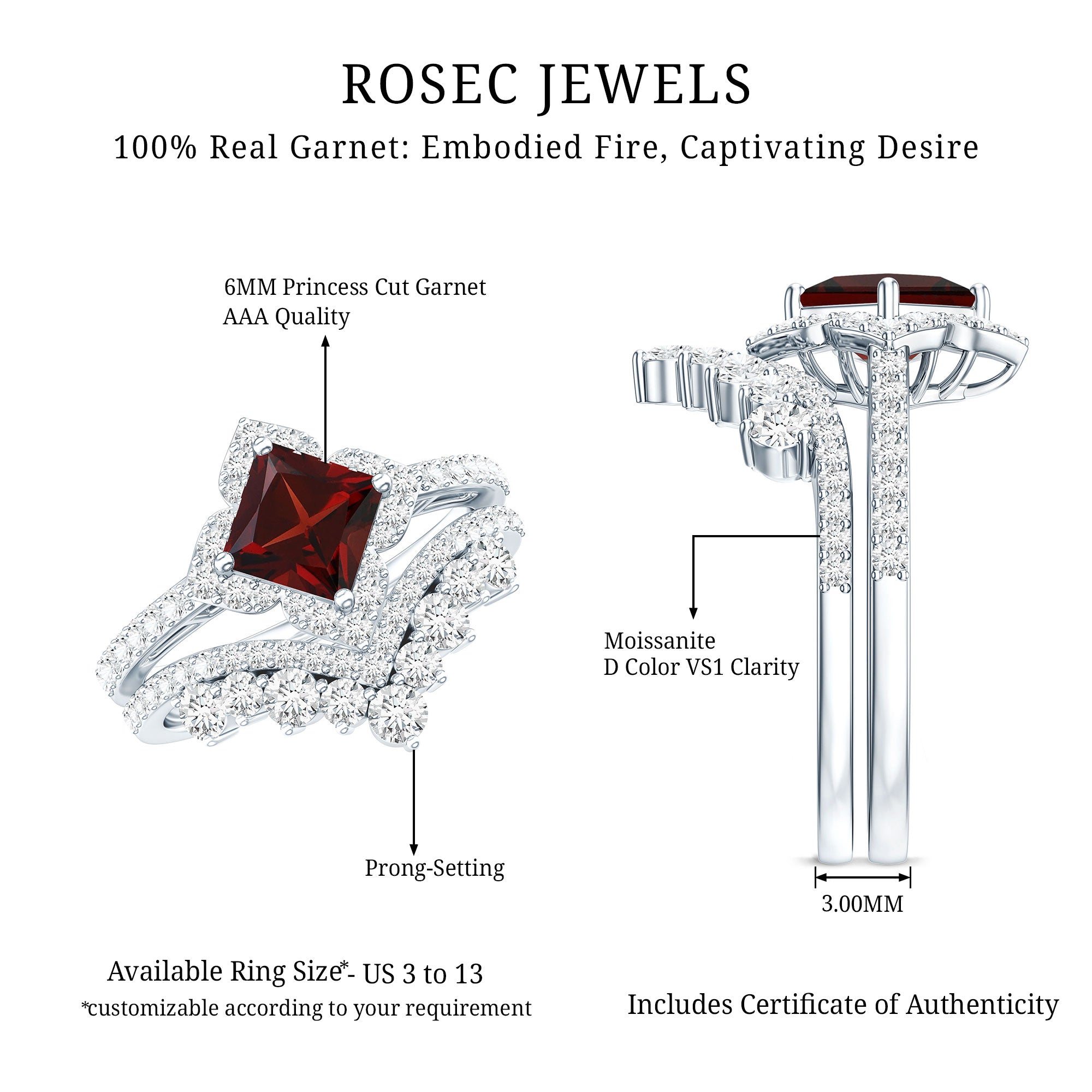 Rosec Jewels-Princess Cut Garnet Designer Wedding Ring Set with Moissanite