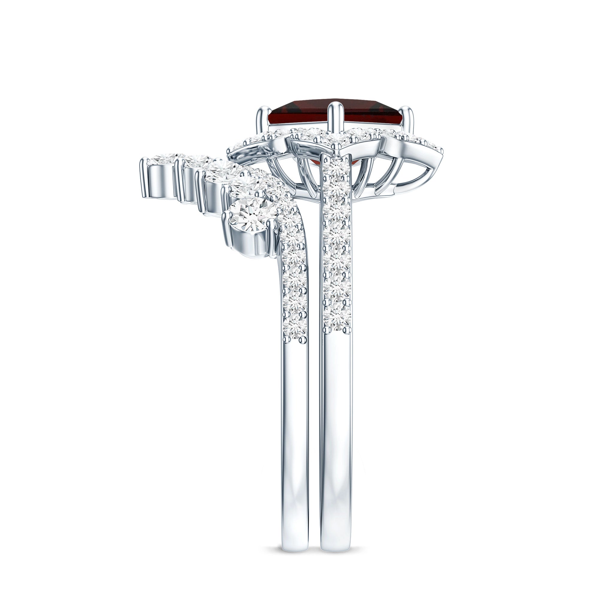 Rosec Jewels-Princess Cut Garnet Designer Wedding Ring Set with Moissanite