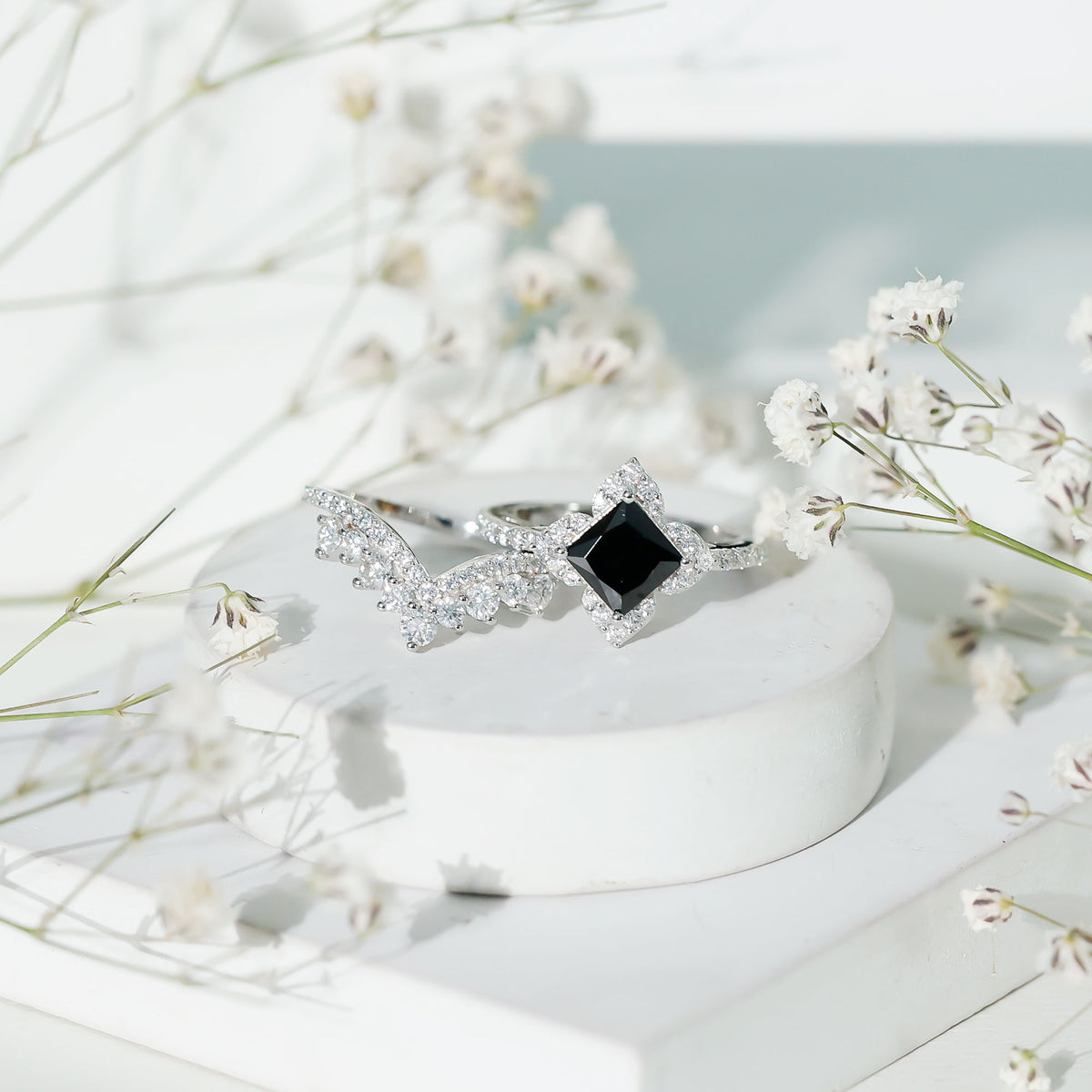 0.5 Carat Black Onyx and Moissanite Statement Wedding Ring Set AAA - Rosec Jewels