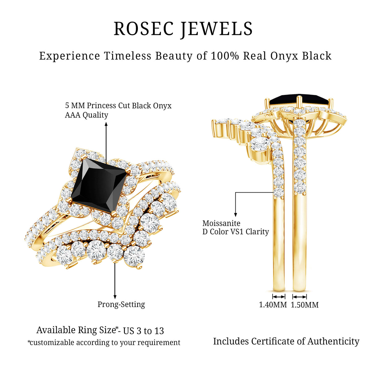 0.5 Carat Black Onyx and Moissanite Statement Wedding Ring Set AAA - Rosec Jewels