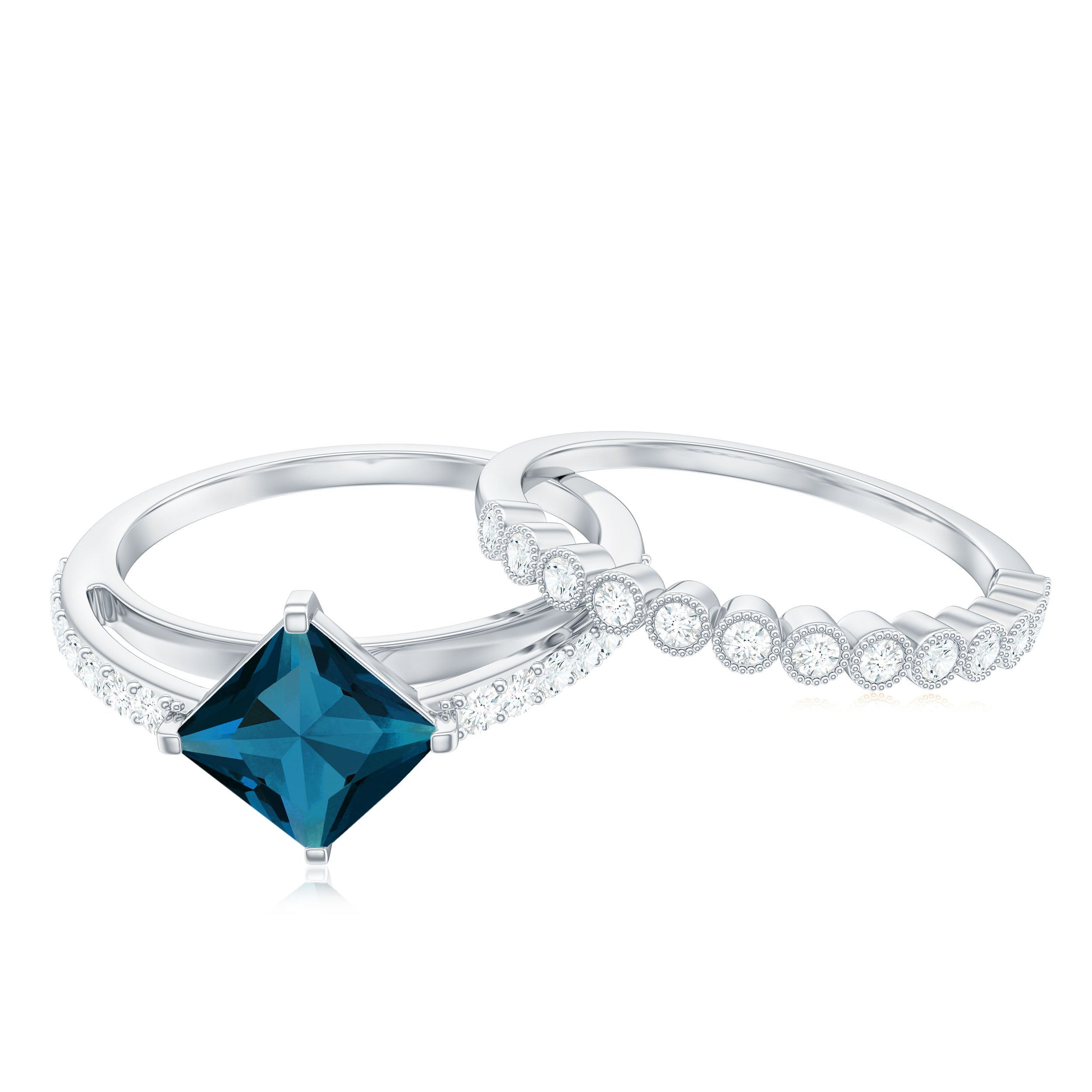 Genuine London Blue Topaz Designer Engagement Ring with Diamond Wedding Band AAA - Rosec Jewels