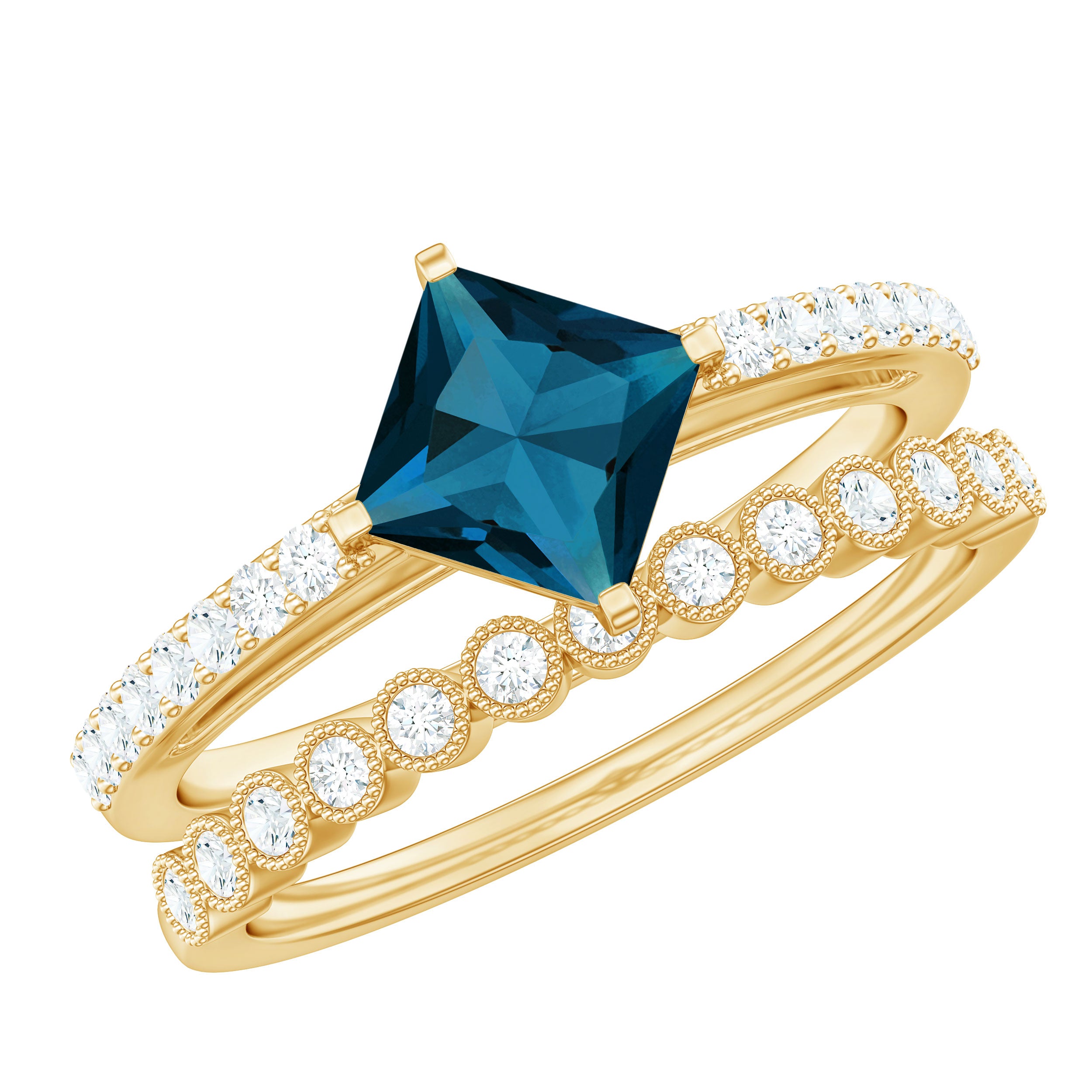 Genuine London Blue Topaz Designer Engagement Ring with Diamond Wedding Band AAA - Rosec Jewels