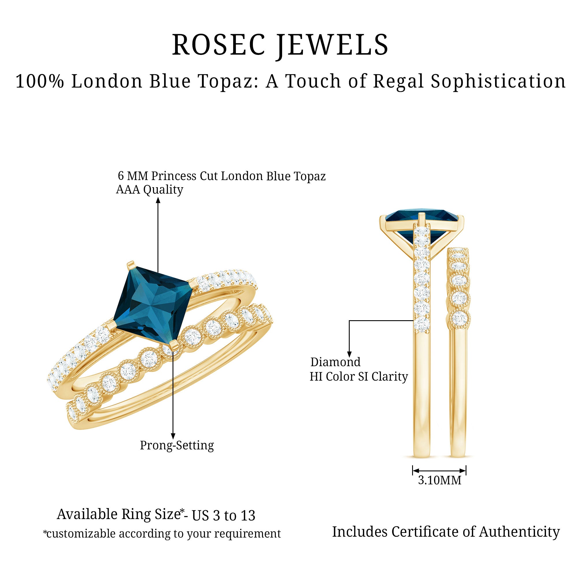 Genuine London Blue Topaz Designer Engagement Ring with Diamond Wedding Band AAA - Rosec Jewels