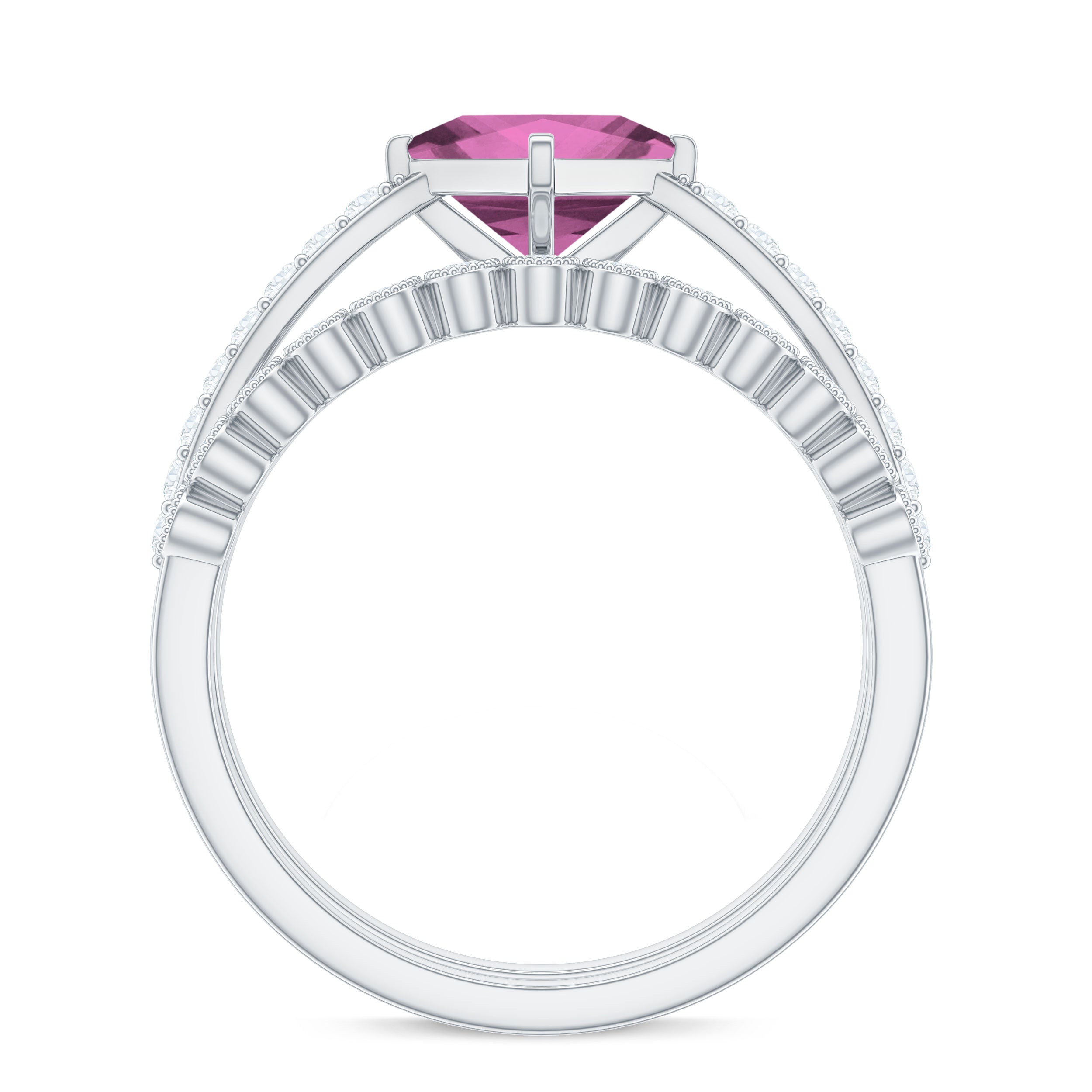1 Carat Princess Cut Pink Tourmaline Ring with Diamond Wedding Band AAA - Rosec Jewels