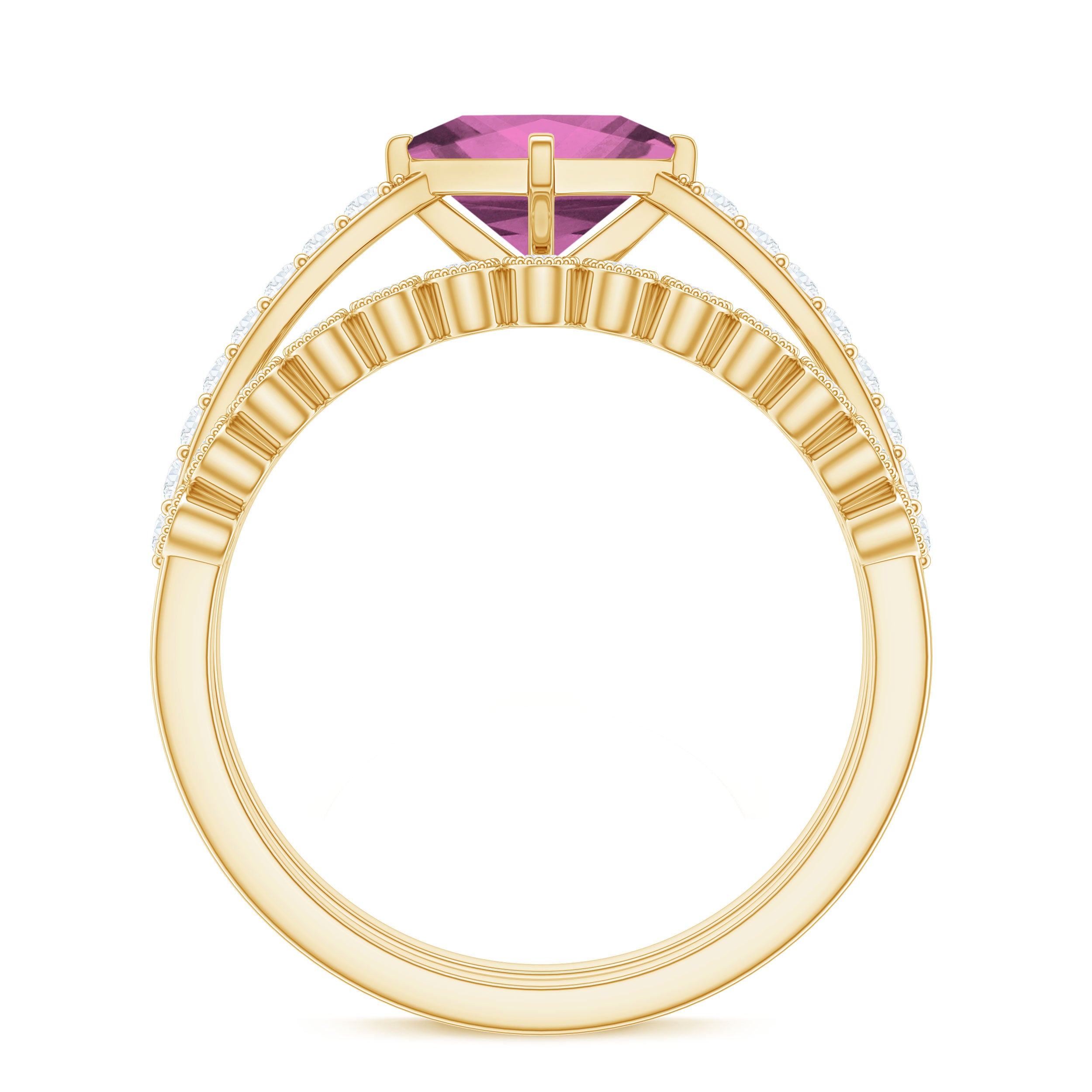 1 Carat Princess Cut Pink Tourmaline Ring with Diamond Wedding Band AAA - Rosec Jewels