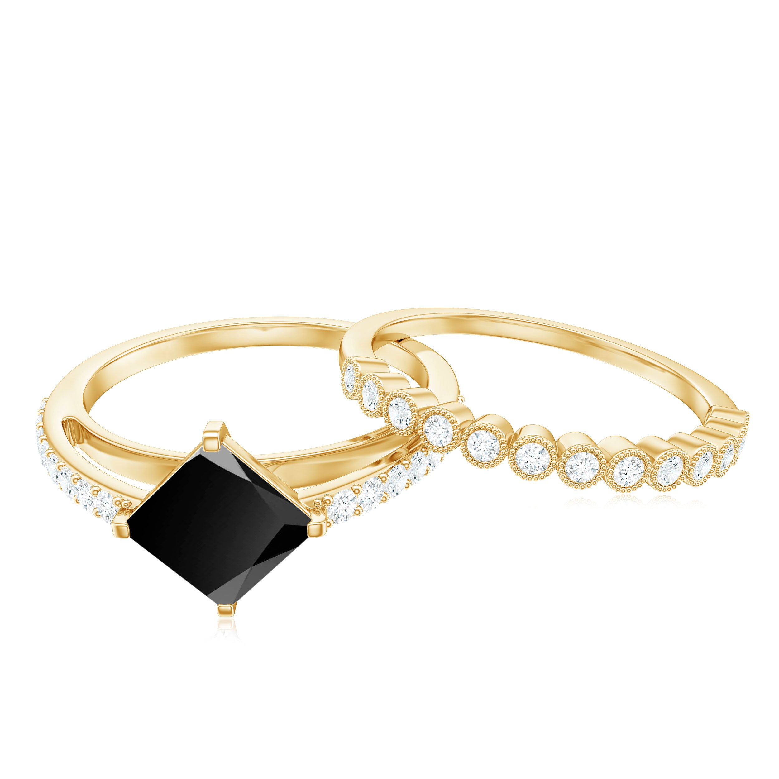 5mm Princess Cut Black Onyx Wedding Rings Set with Diamond Band AAA - Rosec Jewels