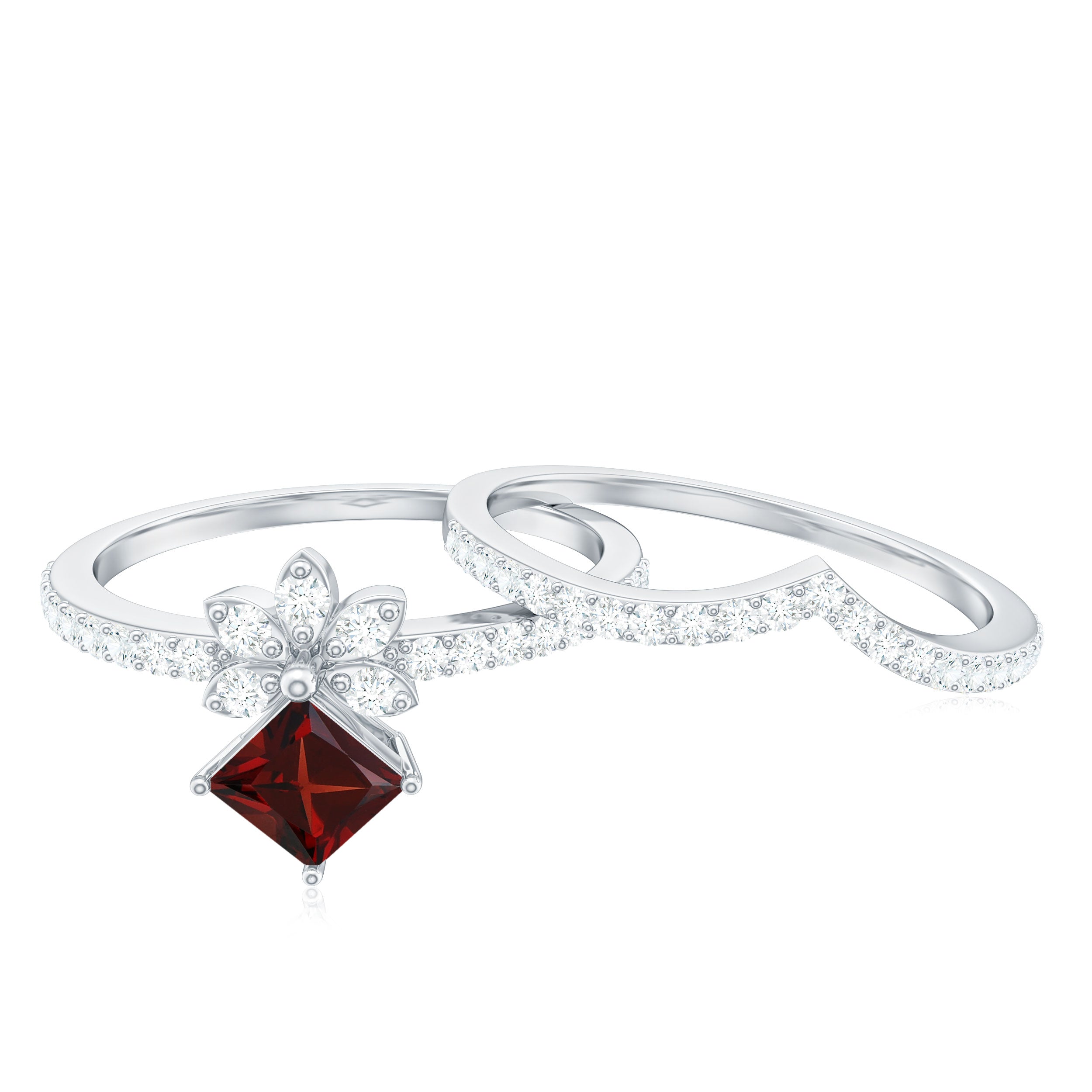 Natural Garnet Diamond Flower Engagement Ring Wedding Band Set AAA - Rosec Jewels