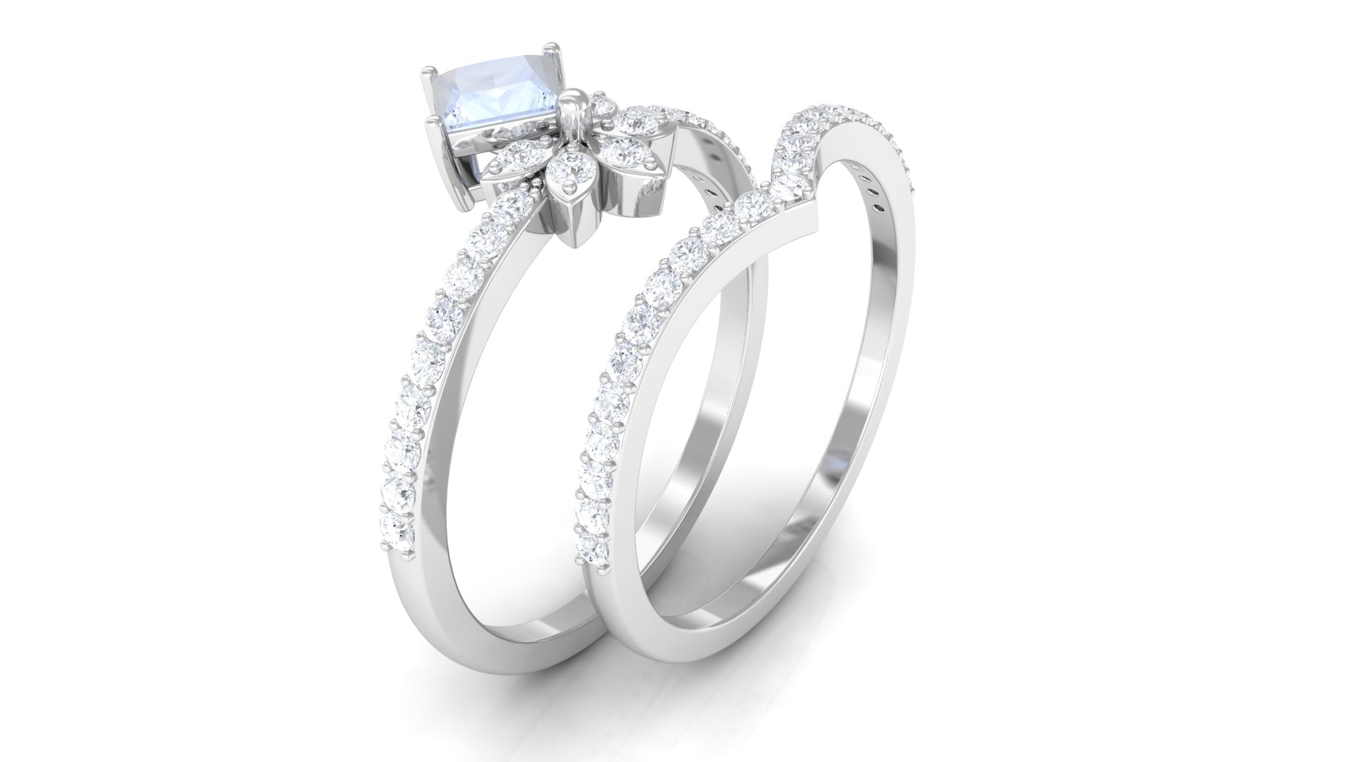 Princess Cut Moonstone and Diamond Flower Ring Set AAA - Rosec Jewels