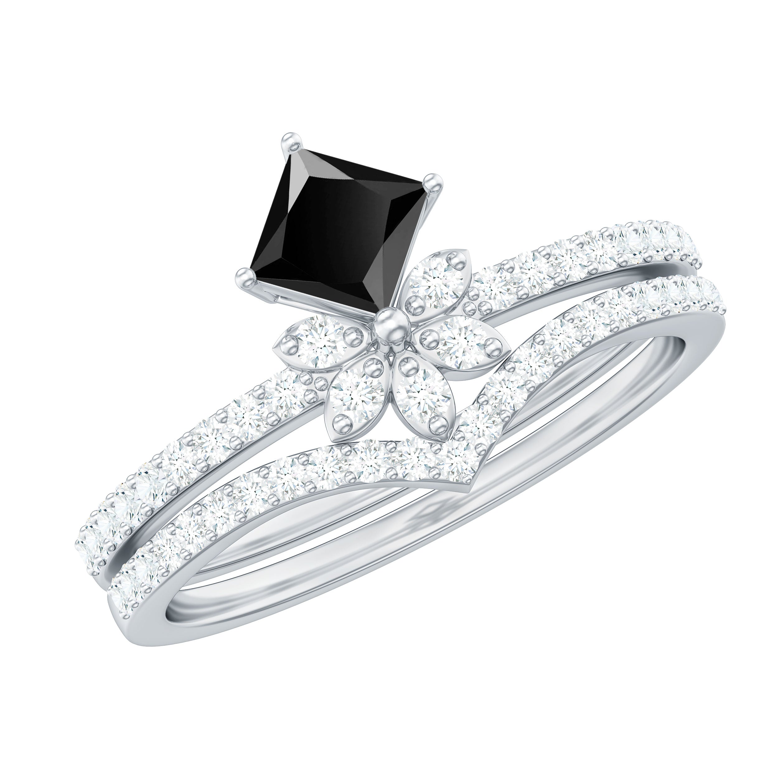 5mm Princess Cut Black Onyx Floral Rings Set with Diamond Band
