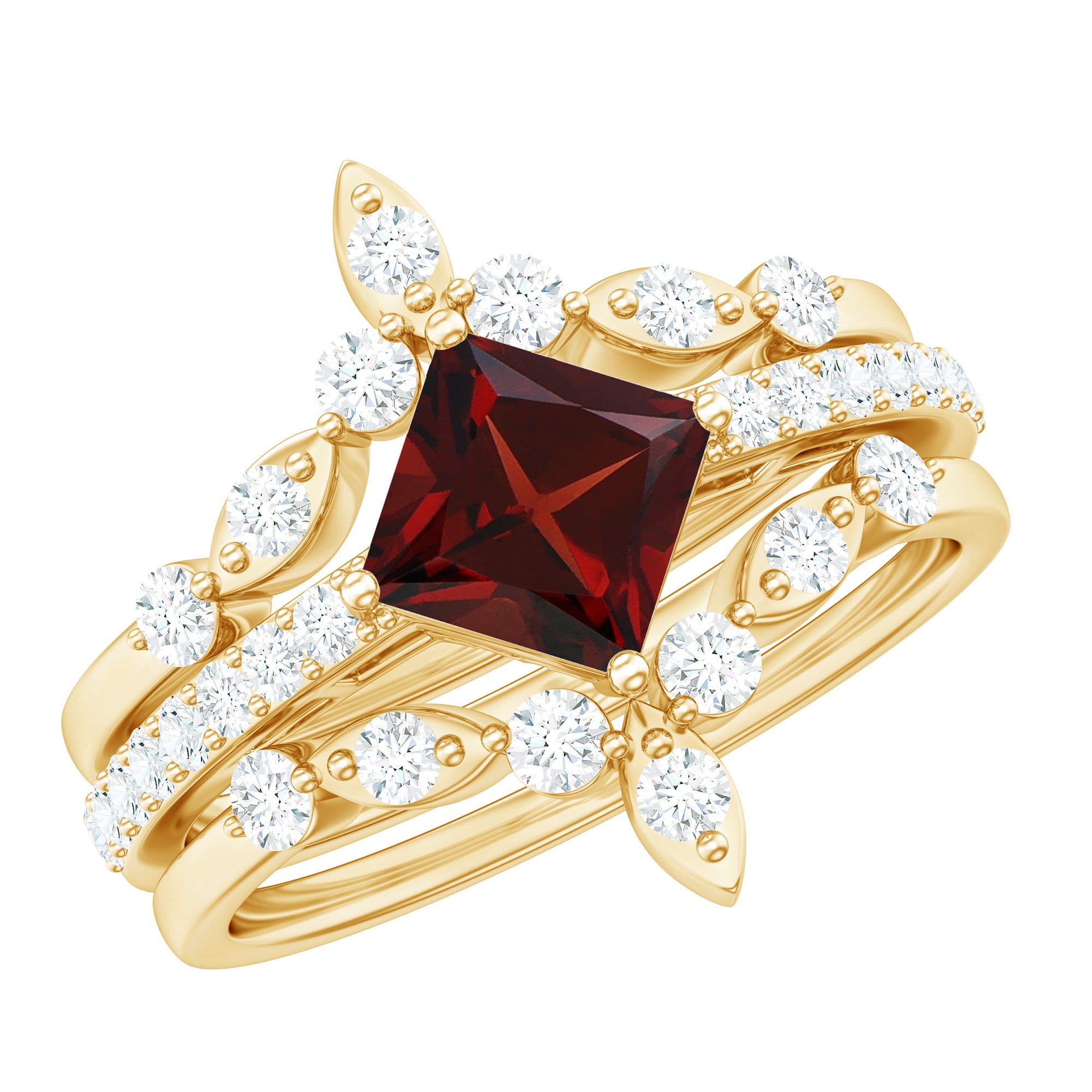 1.4 Carat Vintage Looking Princess Cut Garnet and Diamond 3 Piece Wedding Ring Set AAA - Rosec Jewels