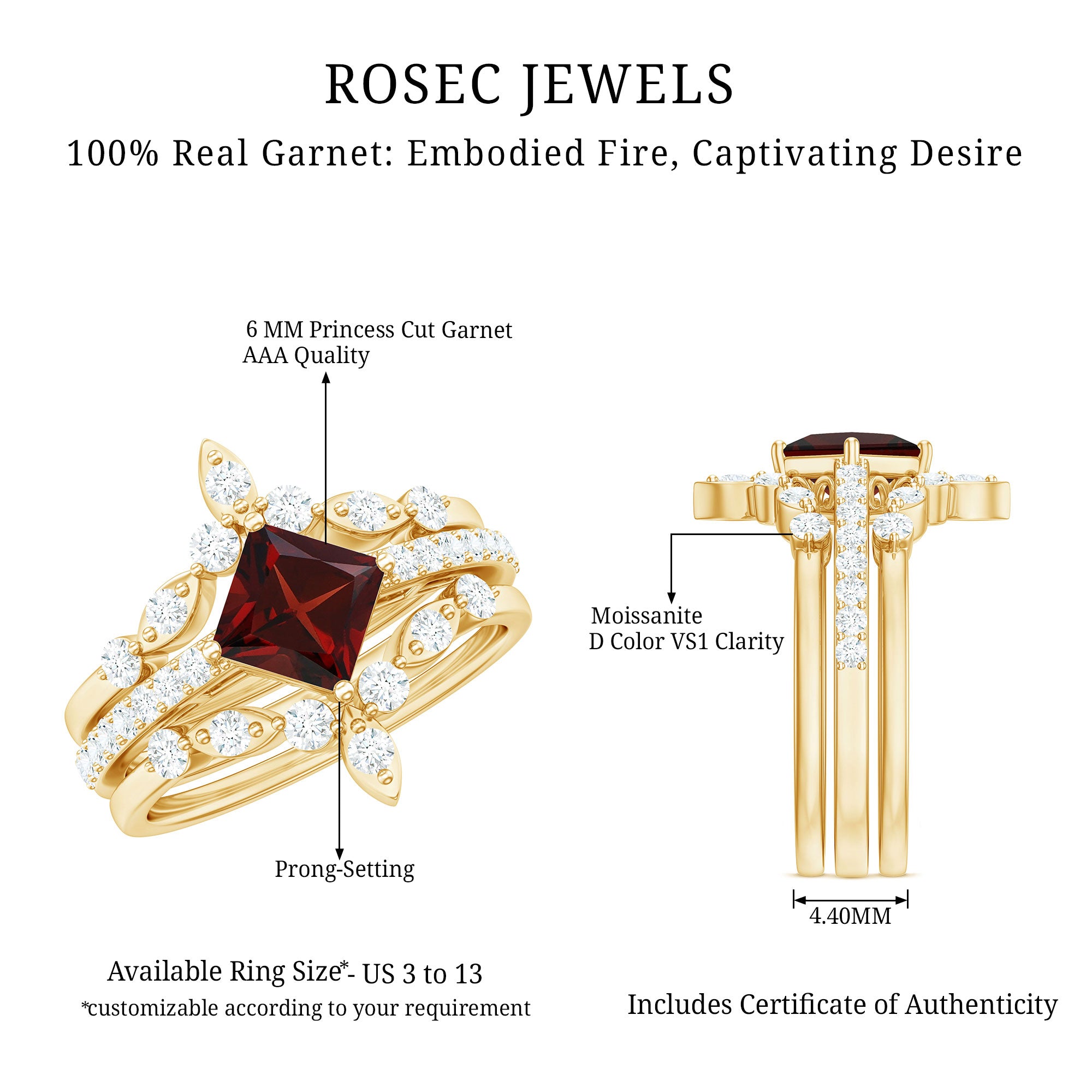 Rosec Jewels-Vintage Looking Princess Cut Garnet and Diamond 3 Piece Wedding Ring Set