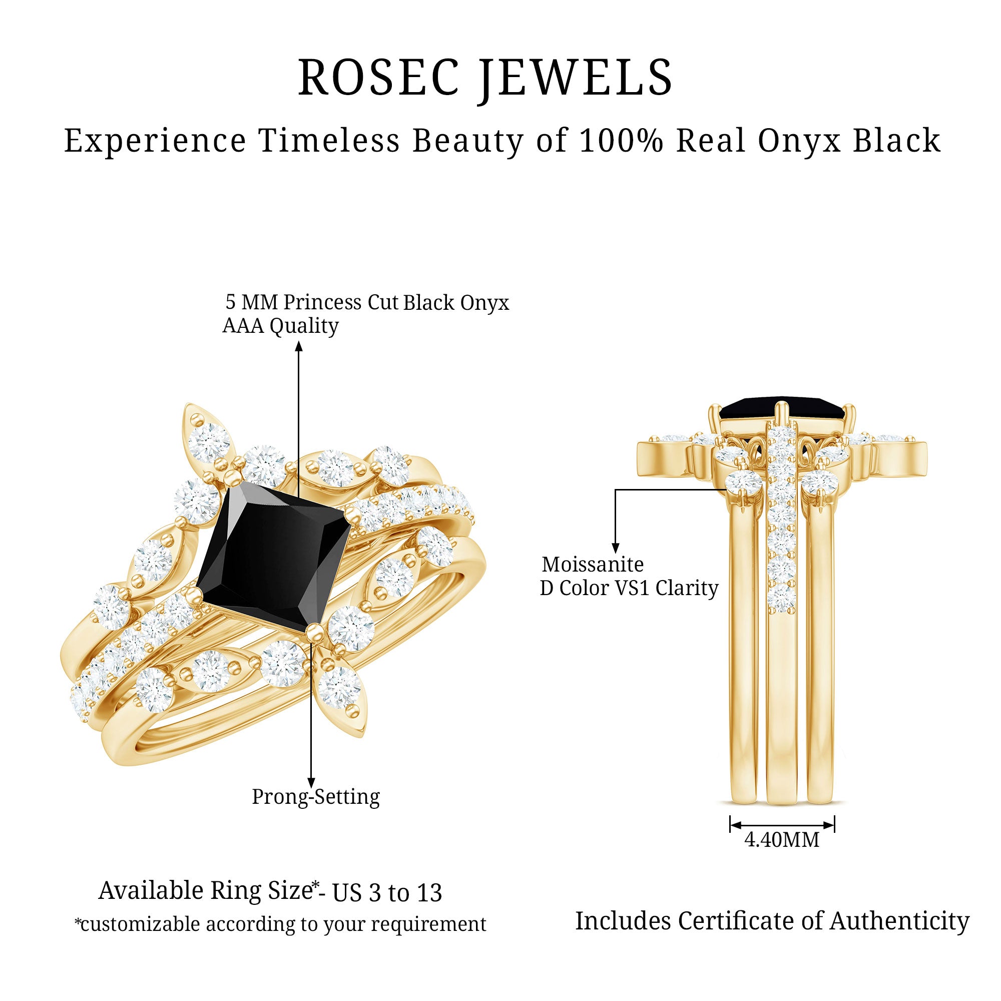 Genuine Princess Cut Black Onyx Bridal Rings Set with Diamond AAA - Rosec Jewels