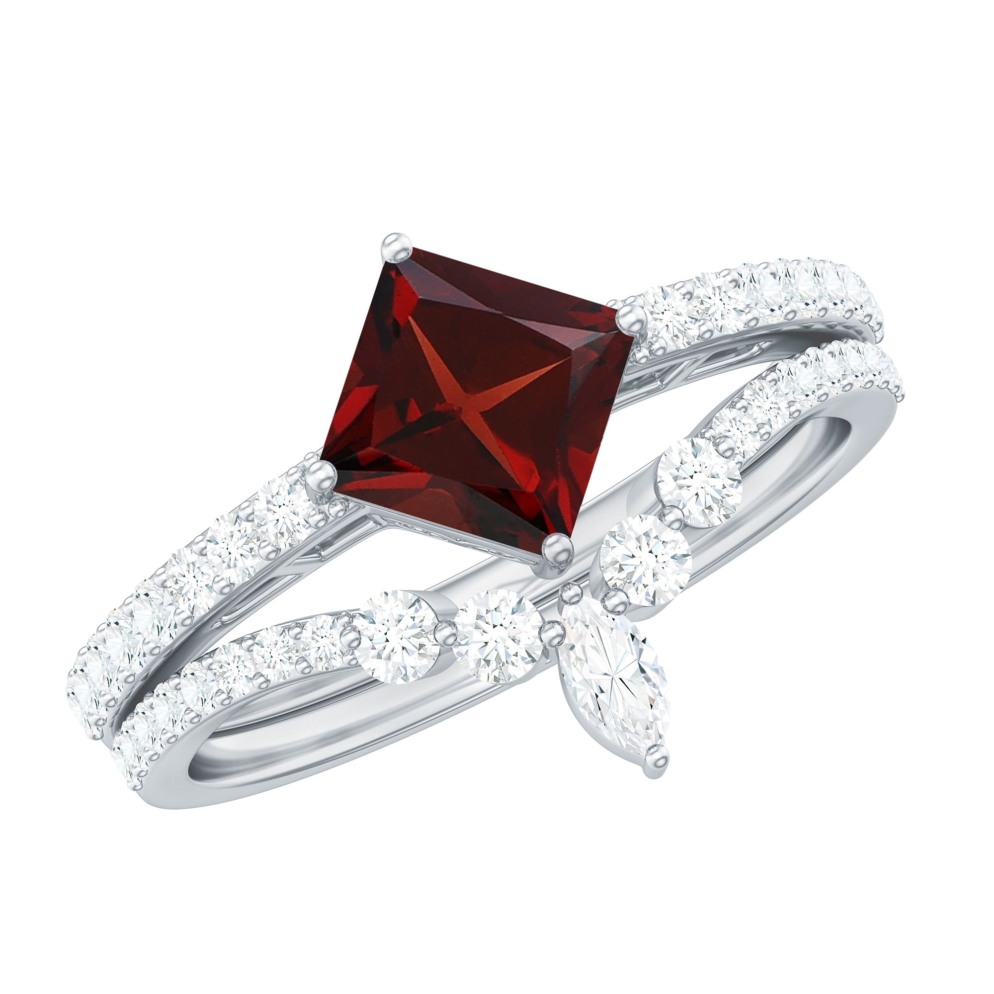 Rosec Jewels-Natural Princess Cut Garnet Diamond Wedding Bridal Ring Set