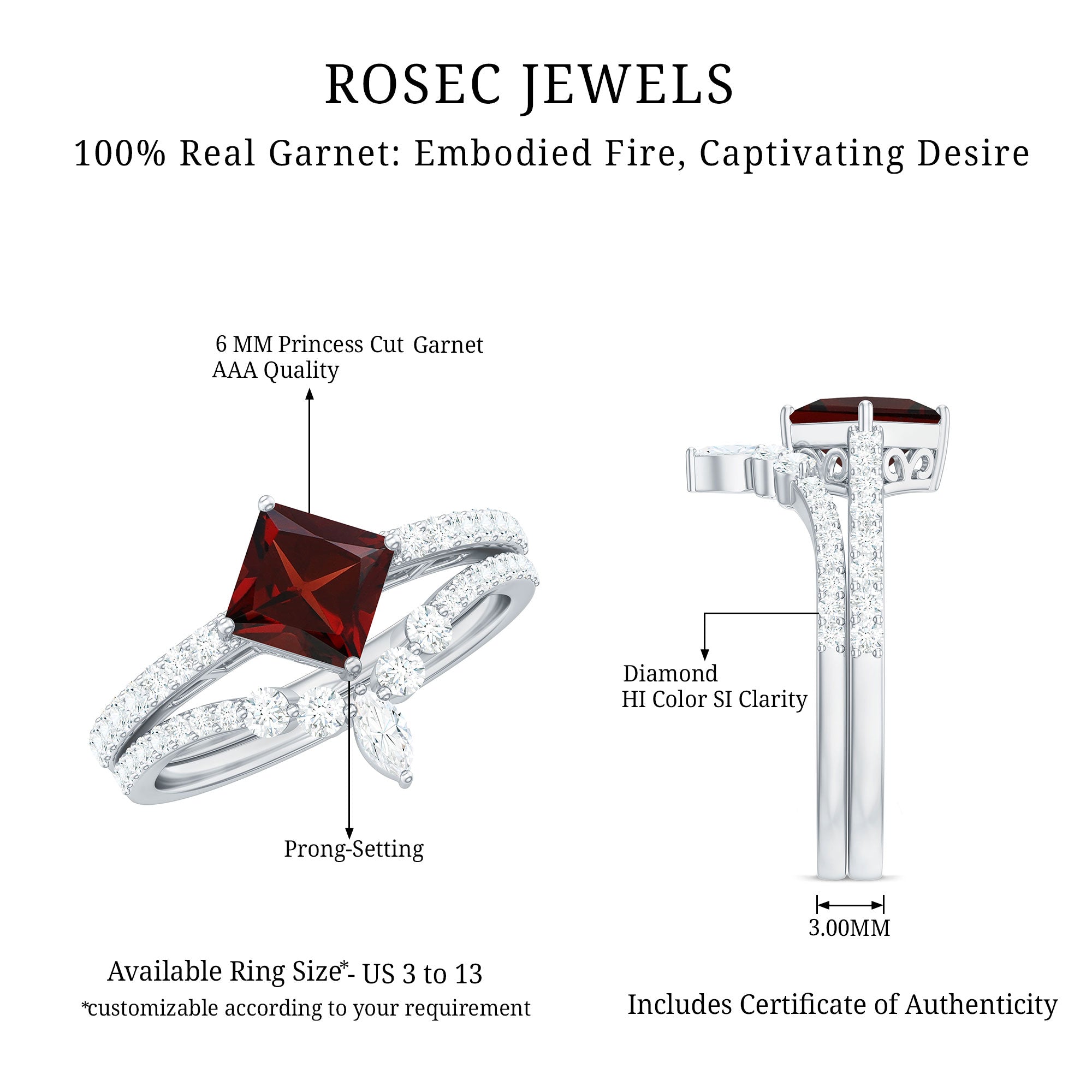 Rosec Jewels-Natural Princess Cut Garnet Diamond Wedding Bridal Ring Set