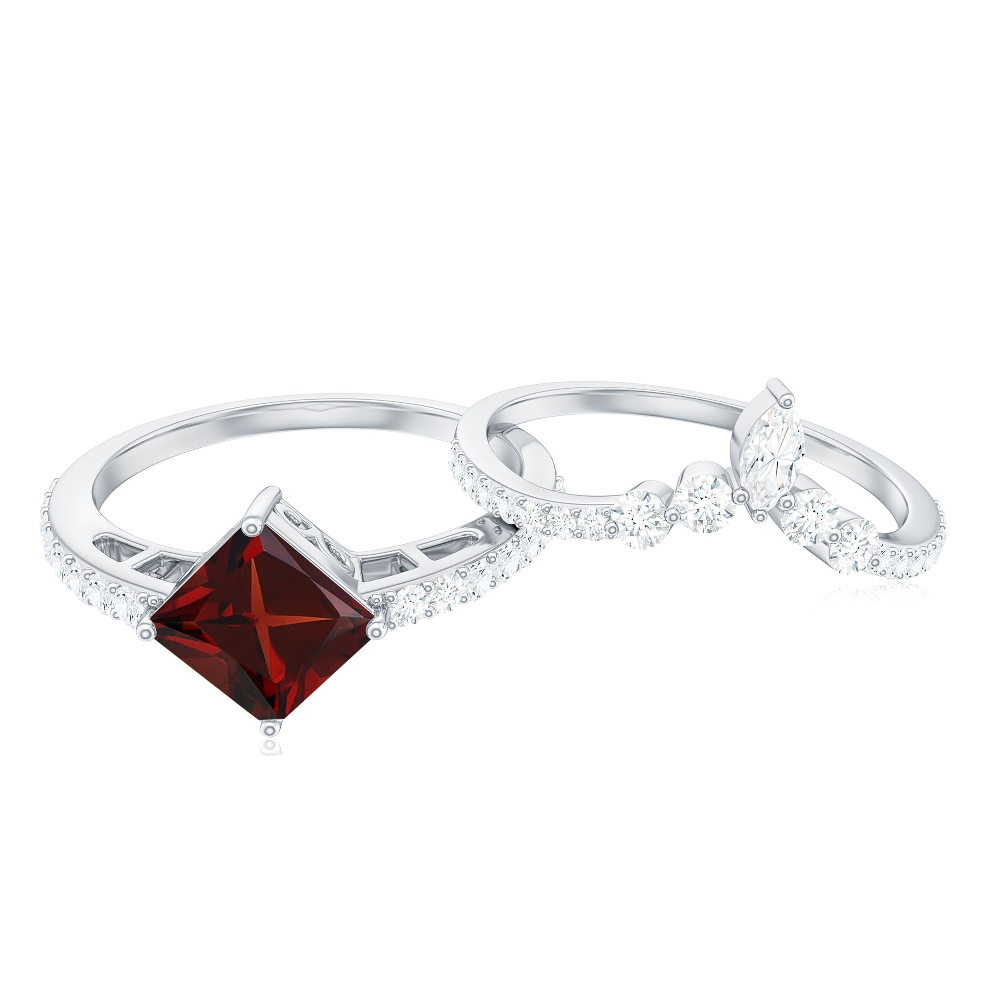 Rosec Jewels-Natural Princess Cut Garnet Diamond Wedding Bridal Ring Set