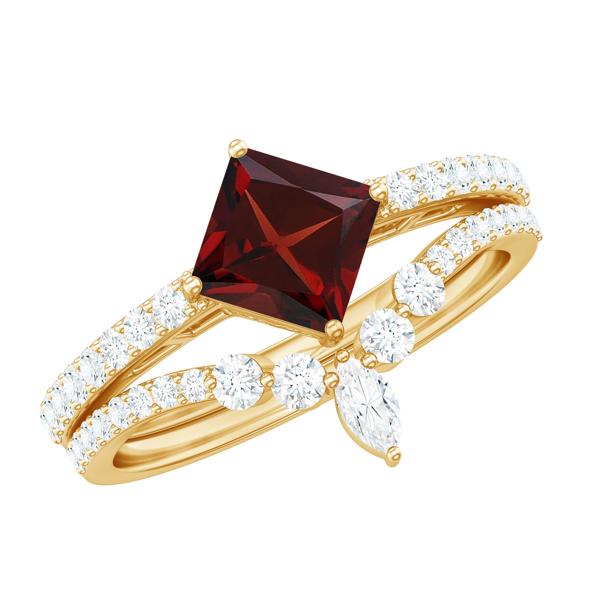 Rosec Jewels-Natural Princess Cut Garnet Diamond Wedding Bridal Ring Set