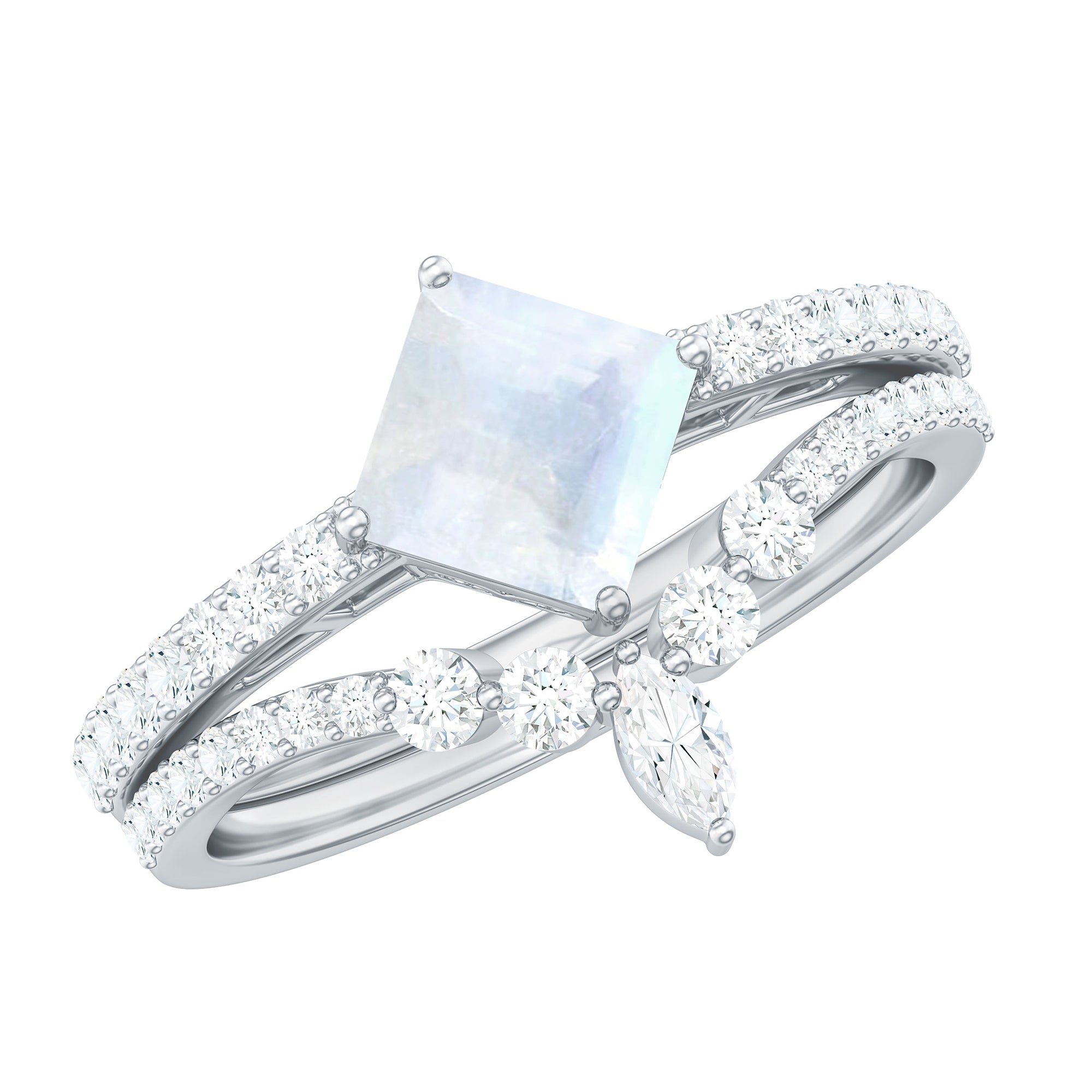 Rosec Jewels-Princess Cut Solitaire Moonstone Designer Ring Set with Diamond