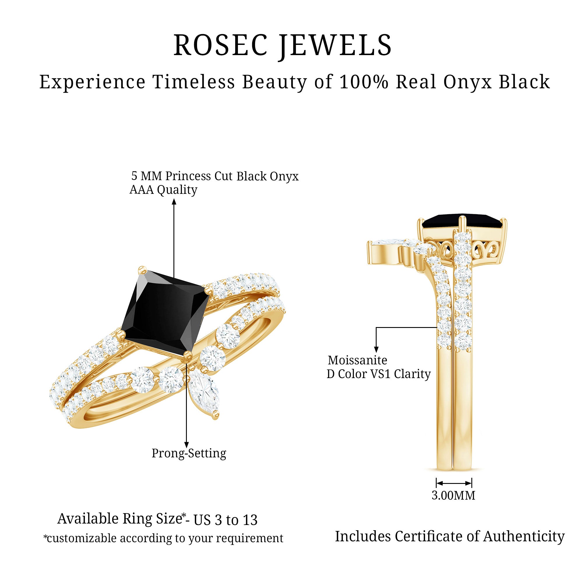 5mm Princess Cut Black Onyx Designer Wedding Rings Set with Moissanite AAA - Rosec Jewels