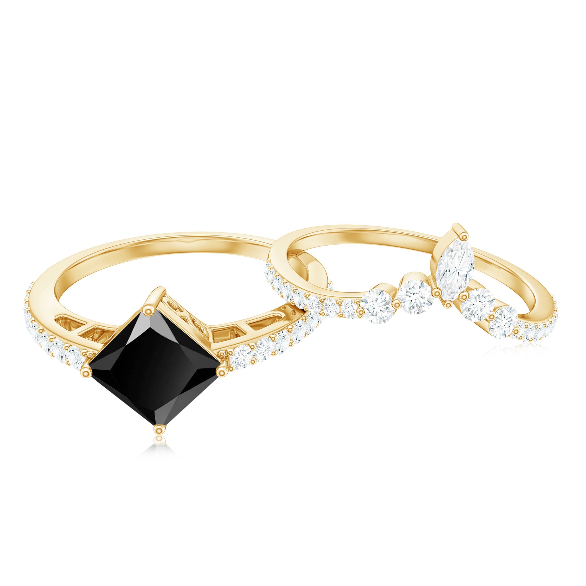 5mm Princess Cut Black Onyx Designer Wedding Rings Set with Moissanite AAA - Rosec Jewels