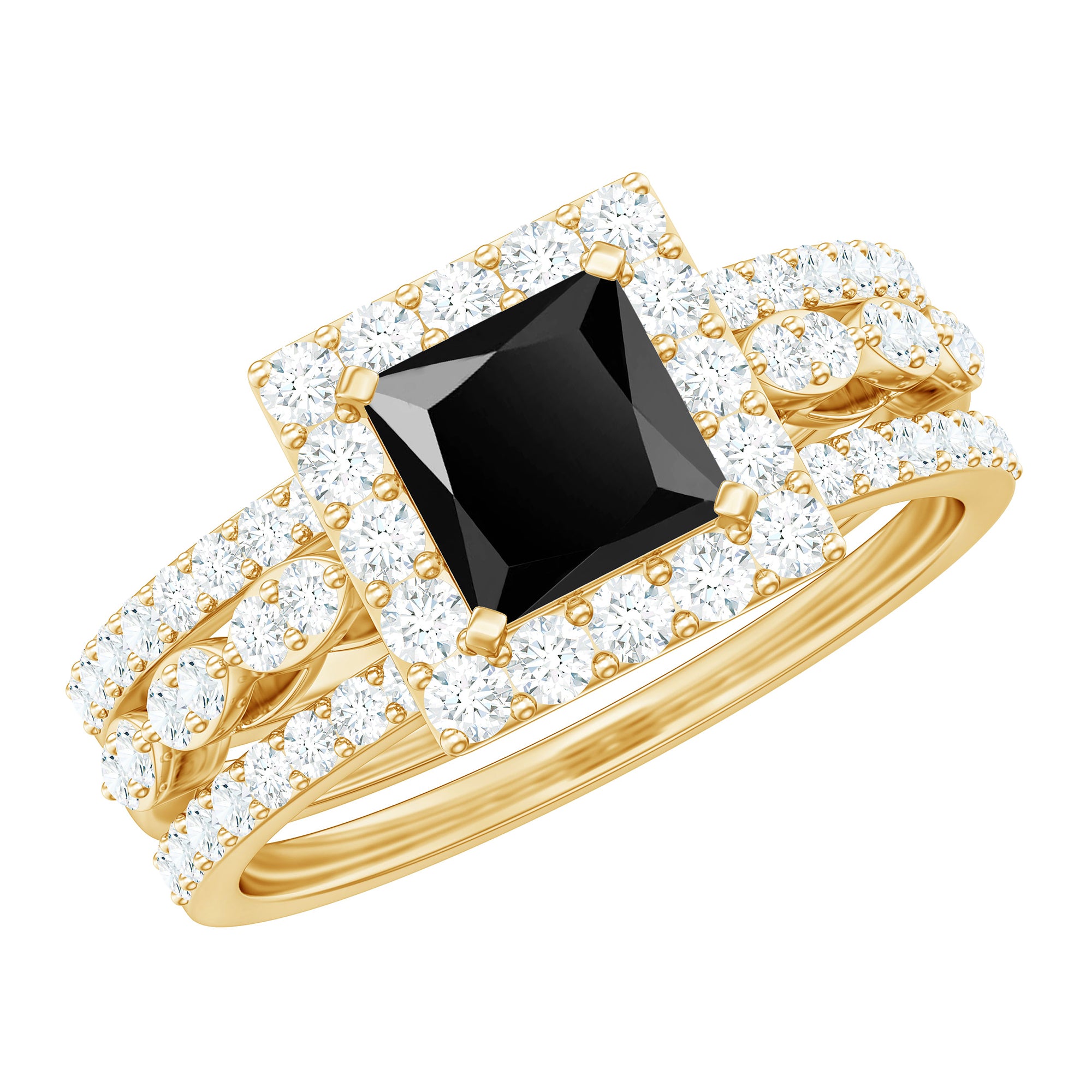 Princess Cut Black Onyx and Moissanite Trio Wedding Ring Set AAA - Rosec Jewels