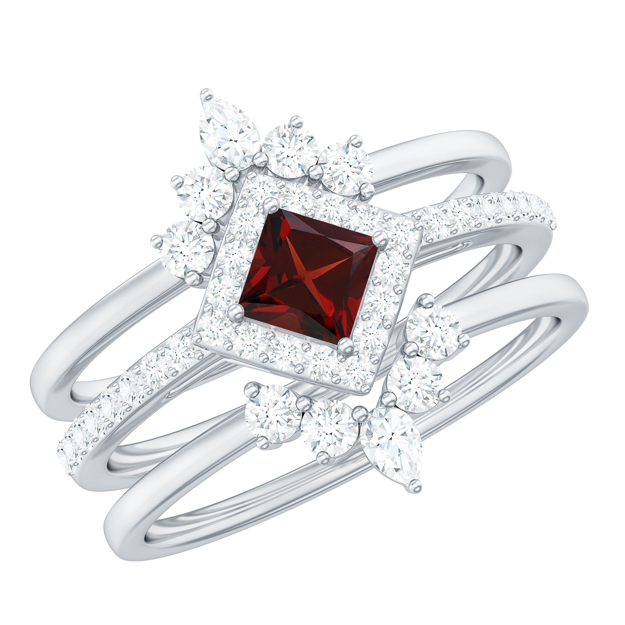 Natural Garnet Diamond 3 Piece Bridal Ring Set