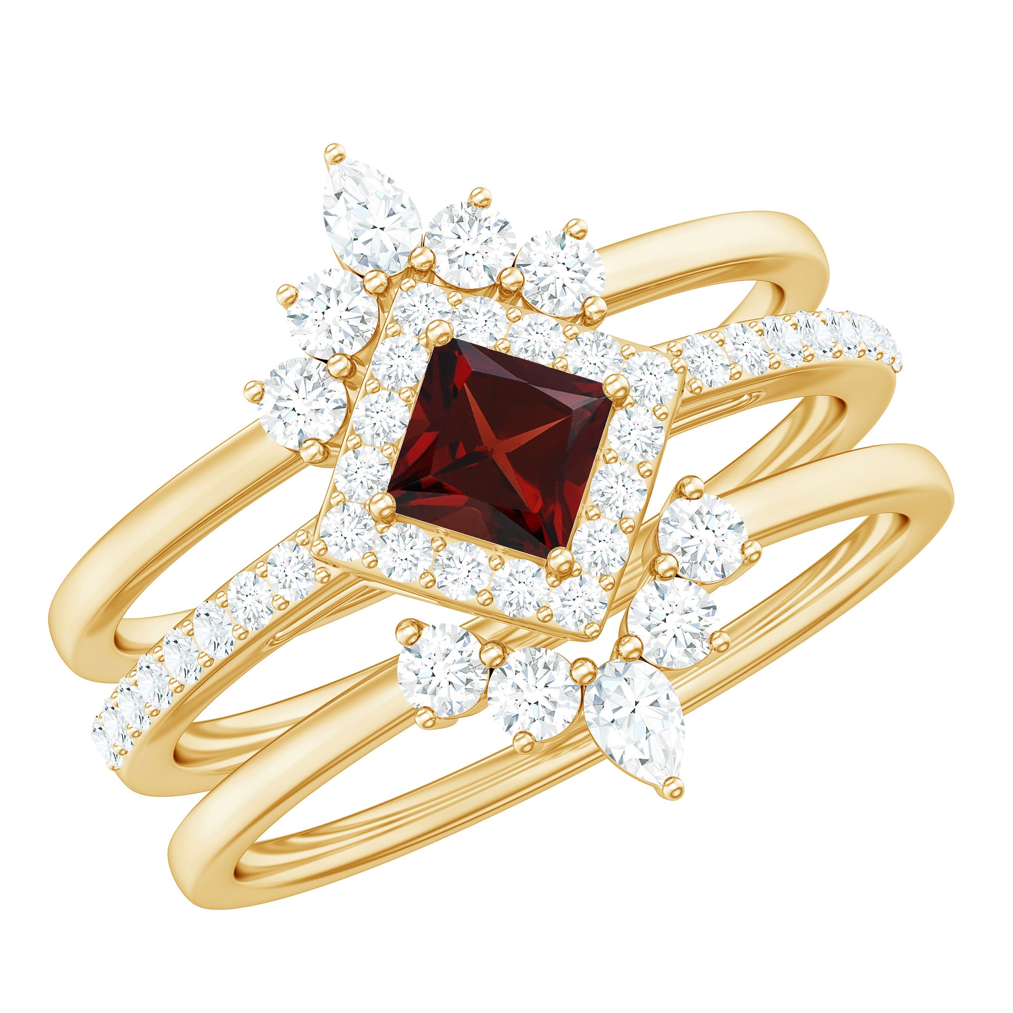 Rosec Jewels-Natural Garnet Diamond 3 Piece Bridal Ring Set